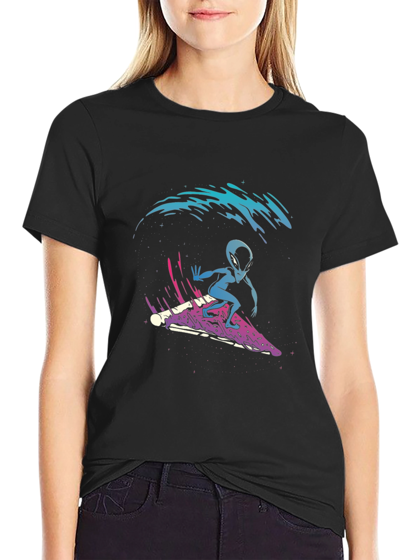Black Alien Pizza Surfer Graphic Tee view 2