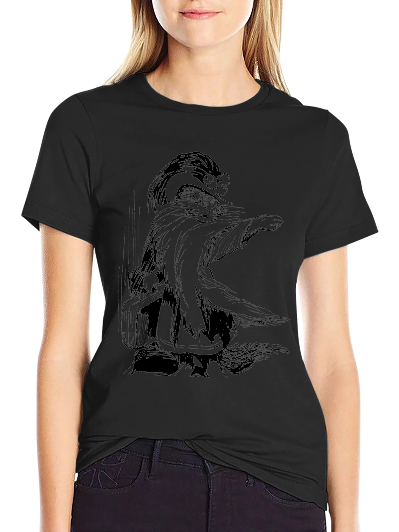 Whimsical Wizard Cat Graphic Tee - Black Cotton T-Shirt - 2