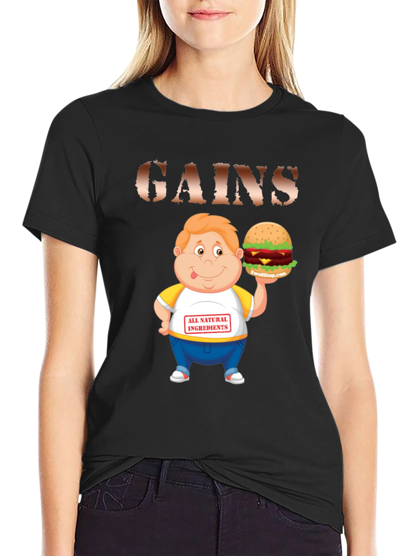 Black Gains Cartoon Burger T-Shirt view 2