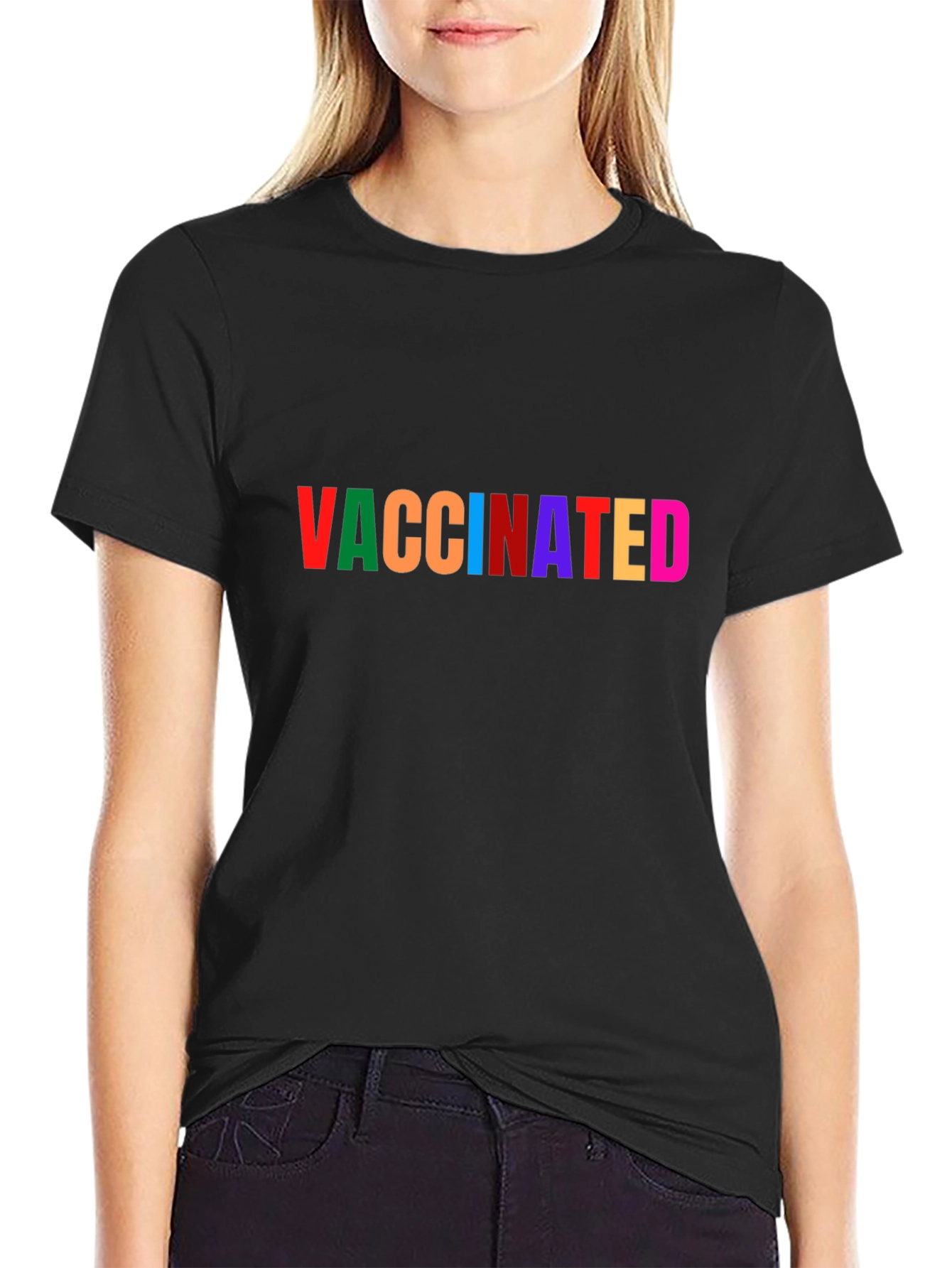 Black Vaccinated Rainbow Text Black T-Shirt view 2