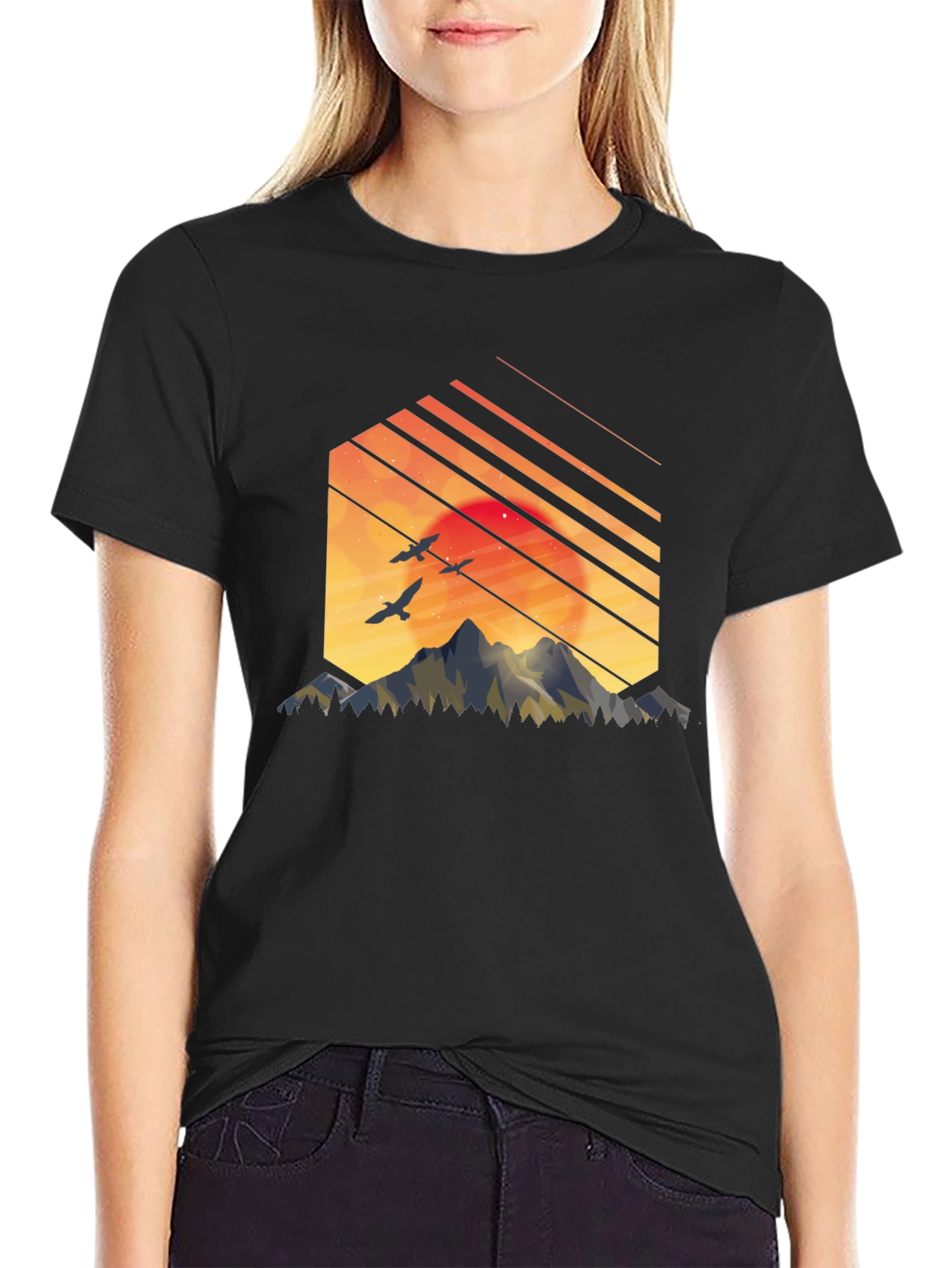 Black Sunset Mountain Graphic Tee - Stylish Black T-Shirt view 2
