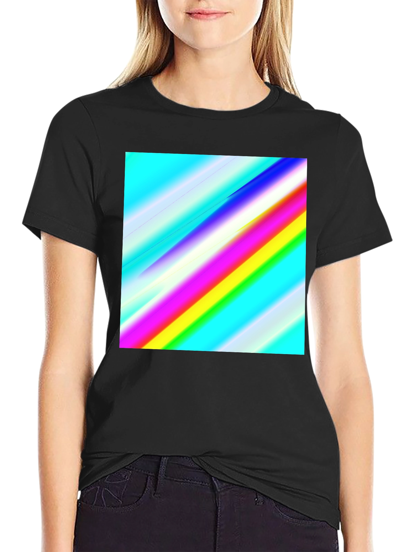 Black Rainbow Stripe Graphic Tee - Men's Casual Black T-Shirt view 2