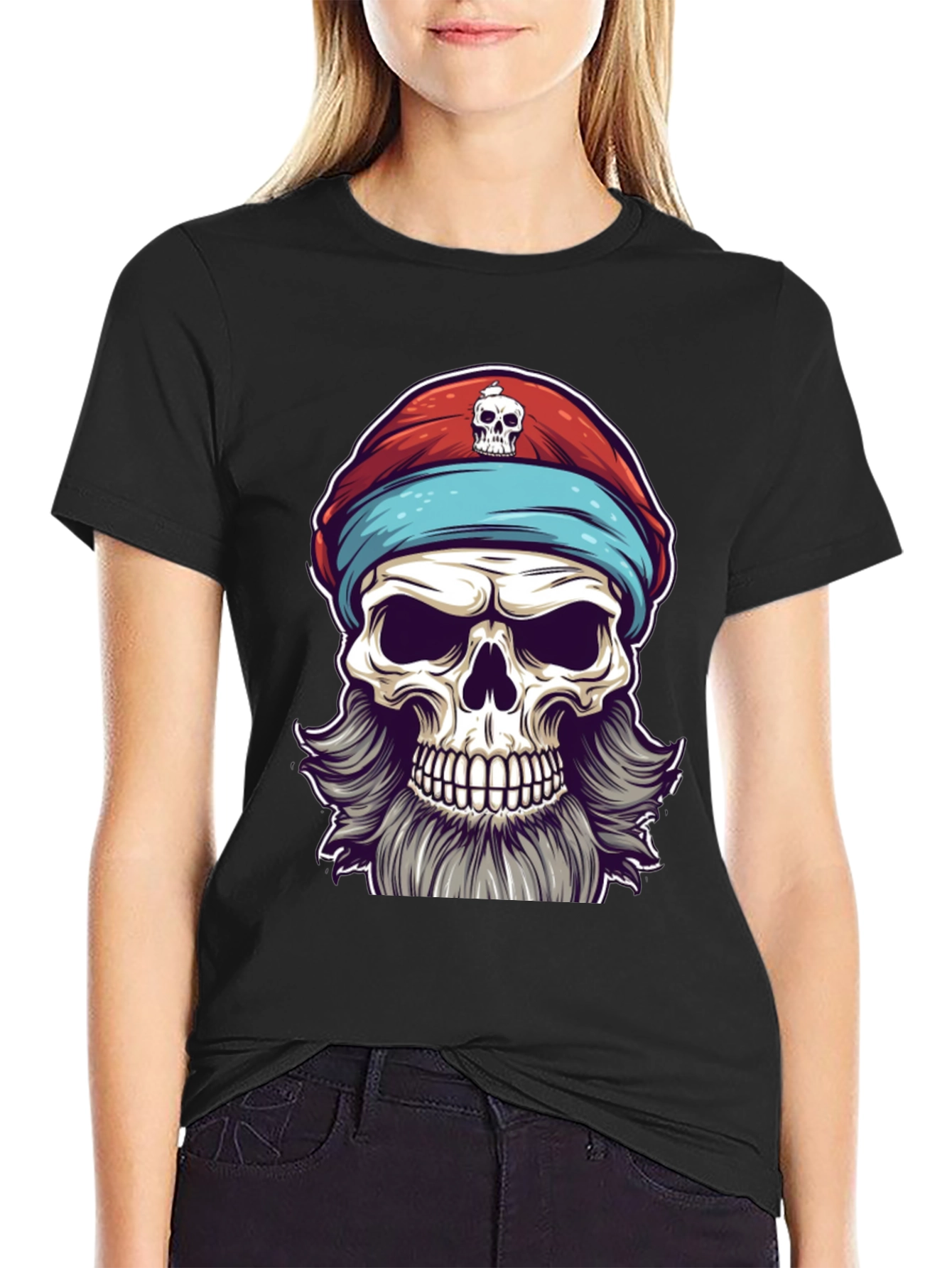 Black Skull Pirate Graphic Tee - Black Cotton T-Shirt view 2