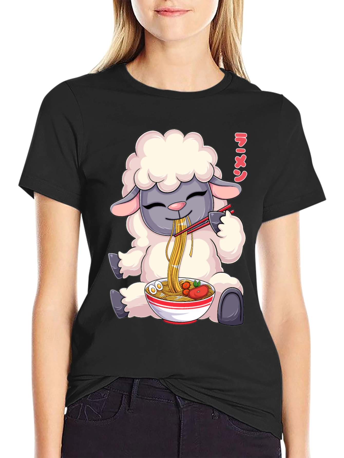 Black Ramen Loving Sheep T-Shirt view 2