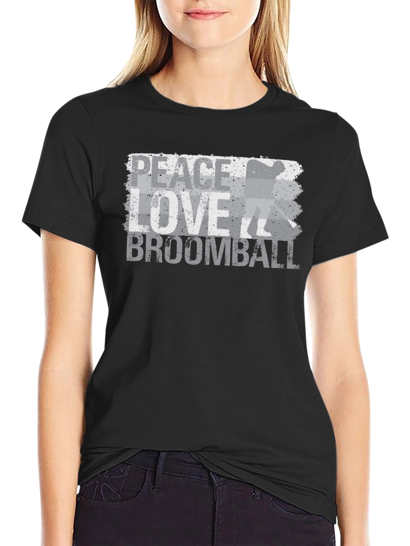 Black Peace Love Broomball T-Shirt - Distressed Graphic Tee view 2