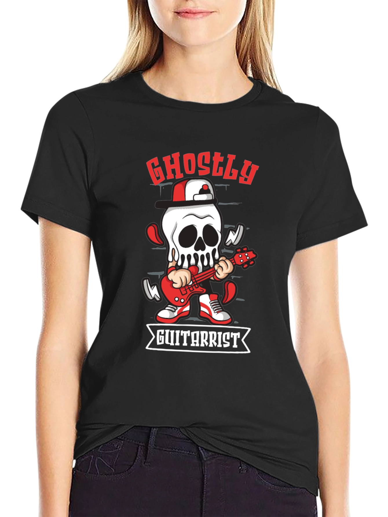 Black Ghostly Guitarist Graphic Tee - Rocker Skull Shirt view 2