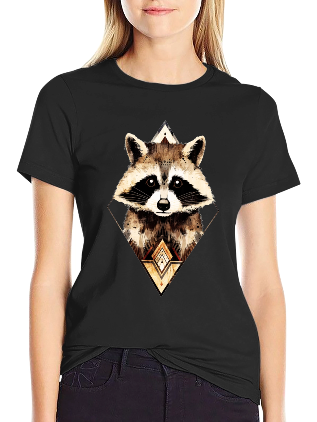 Black Geometric Raccoon Graphic Tee - Black view 2