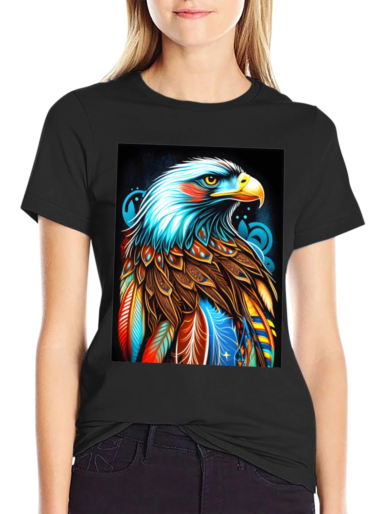 Black Colorful Eagle Graphic Black T-Shirt view 2