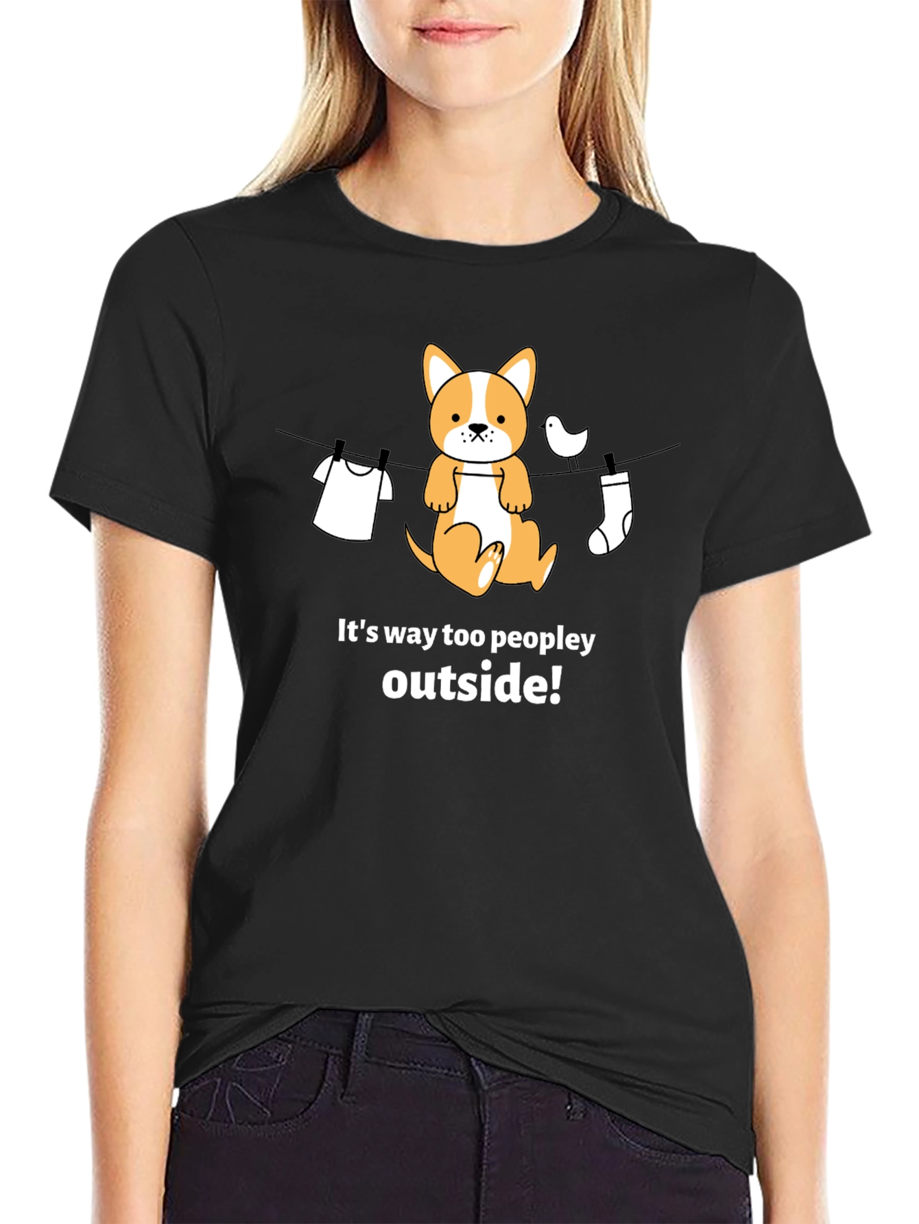 Black Funny Dog T-Shirt - It's Way Too Peopley Outside view 2