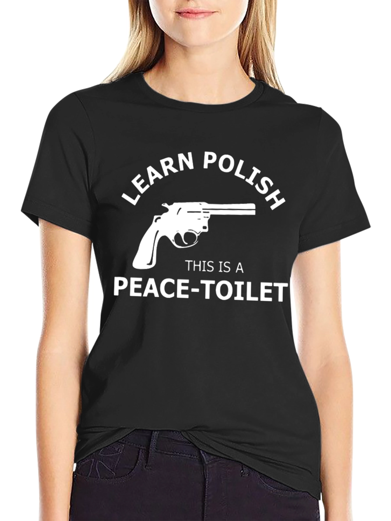 Black Learn Polish Peace-Toilet Funny Graphic Tee view 2