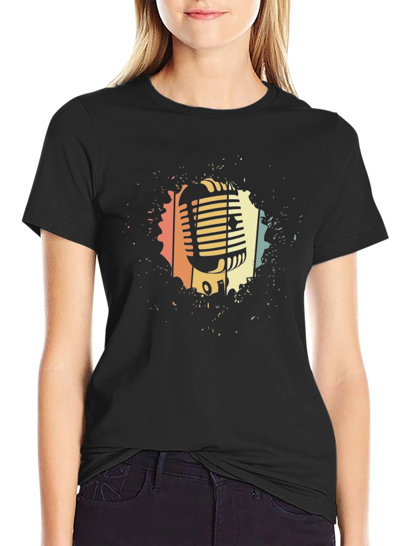 Black Retro Microphone Graphic Tee - Vintage Style Black T-Shirt view 2