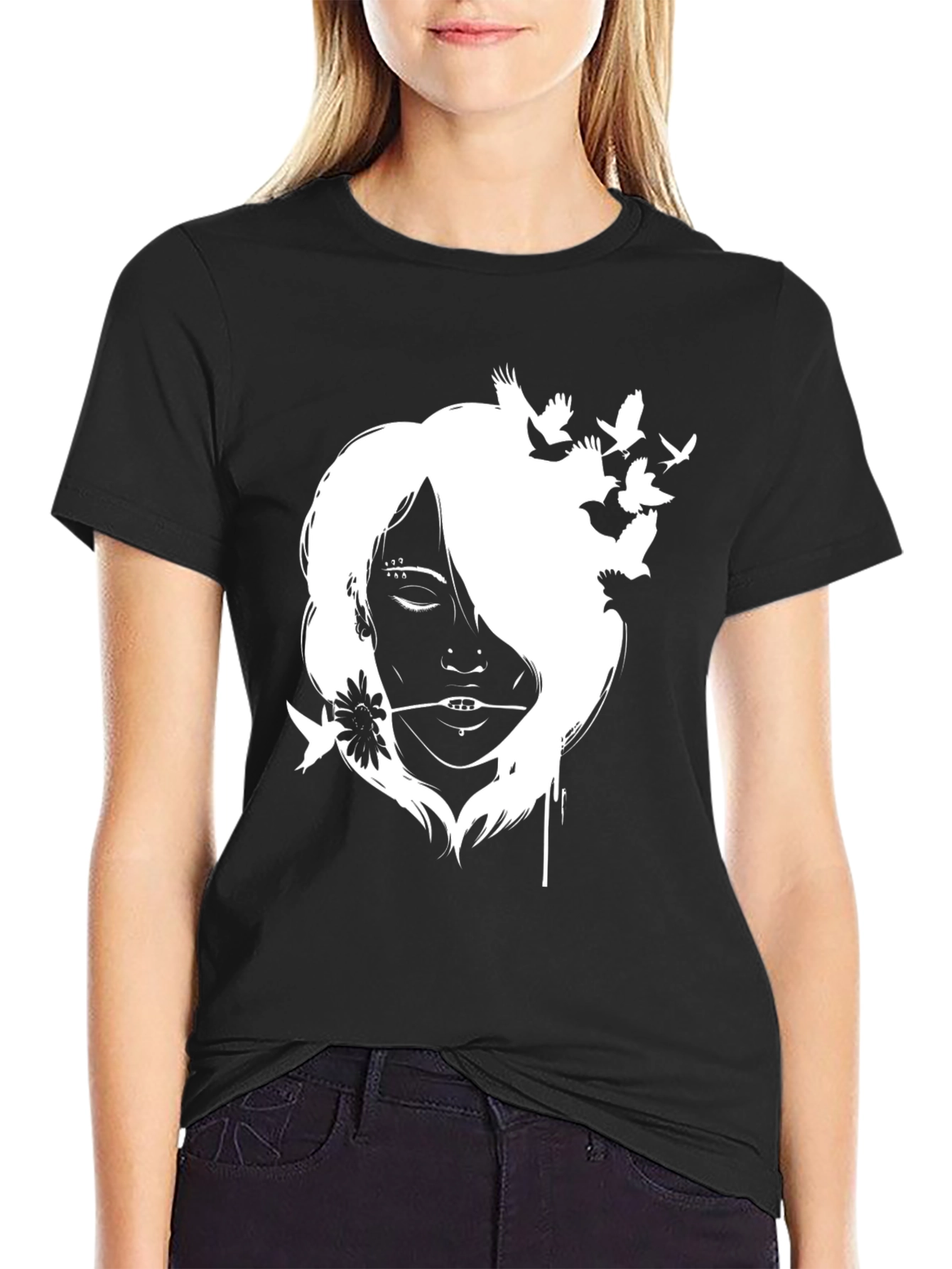 Black Black T-Shirt with White Girl and Bird Design view 2