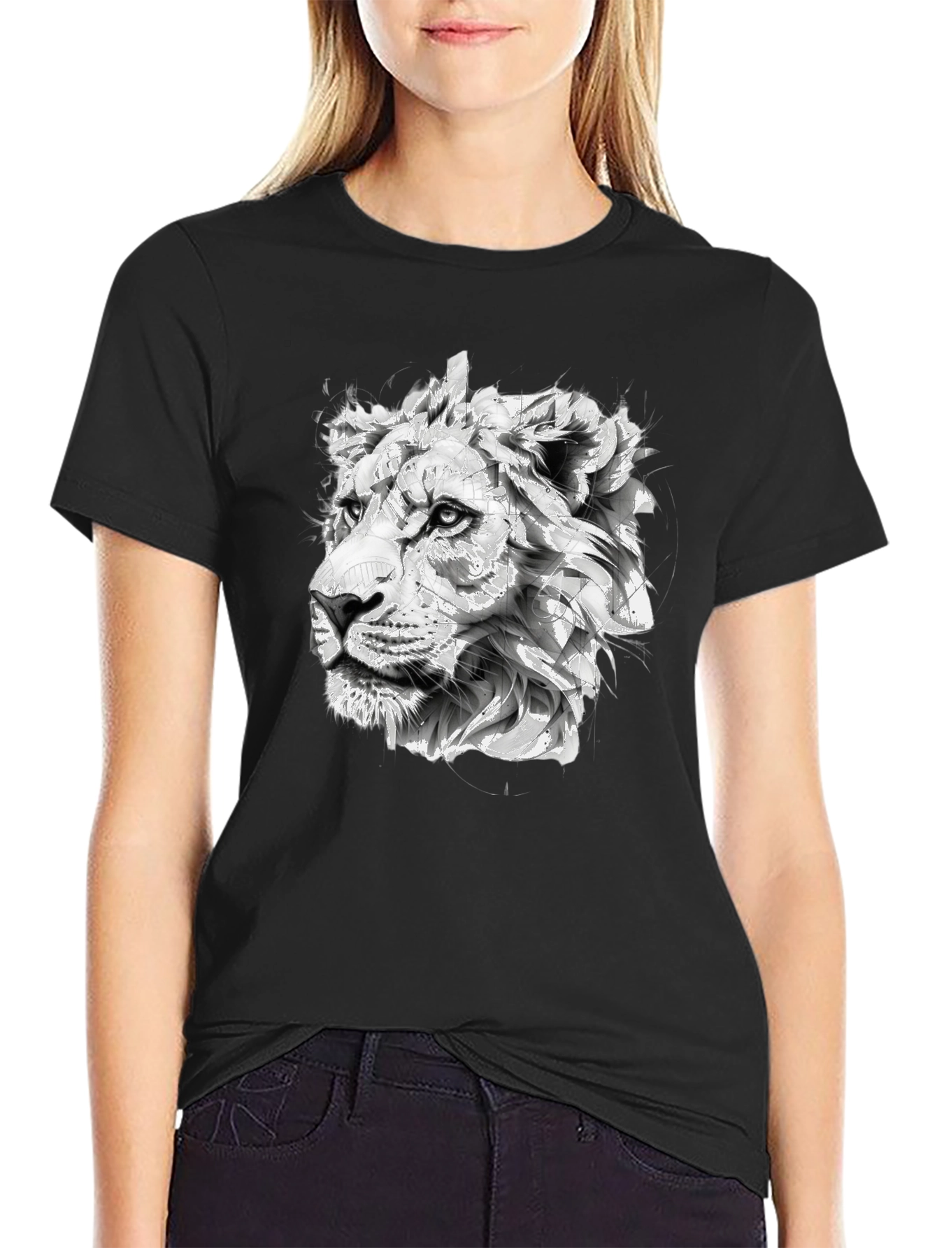 Black Lion Head Graphic Print Black T-Shirt view 2