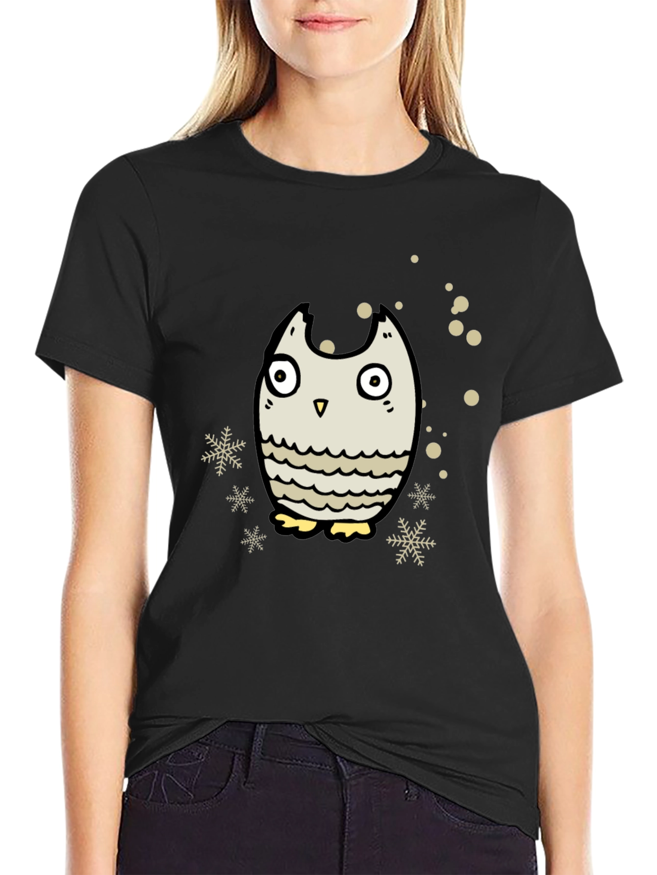 Black Owl Graphic Black T-Shirt - Winter Holiday Design view 2
