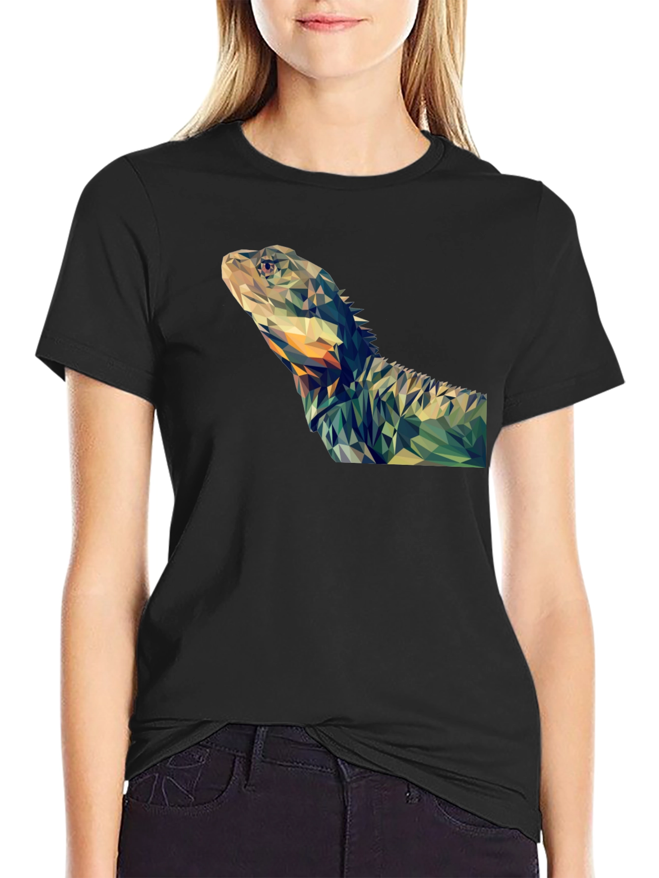 Black Geometric Lizard Graphic T-Shirt - Modern Poly Art Tee view 2