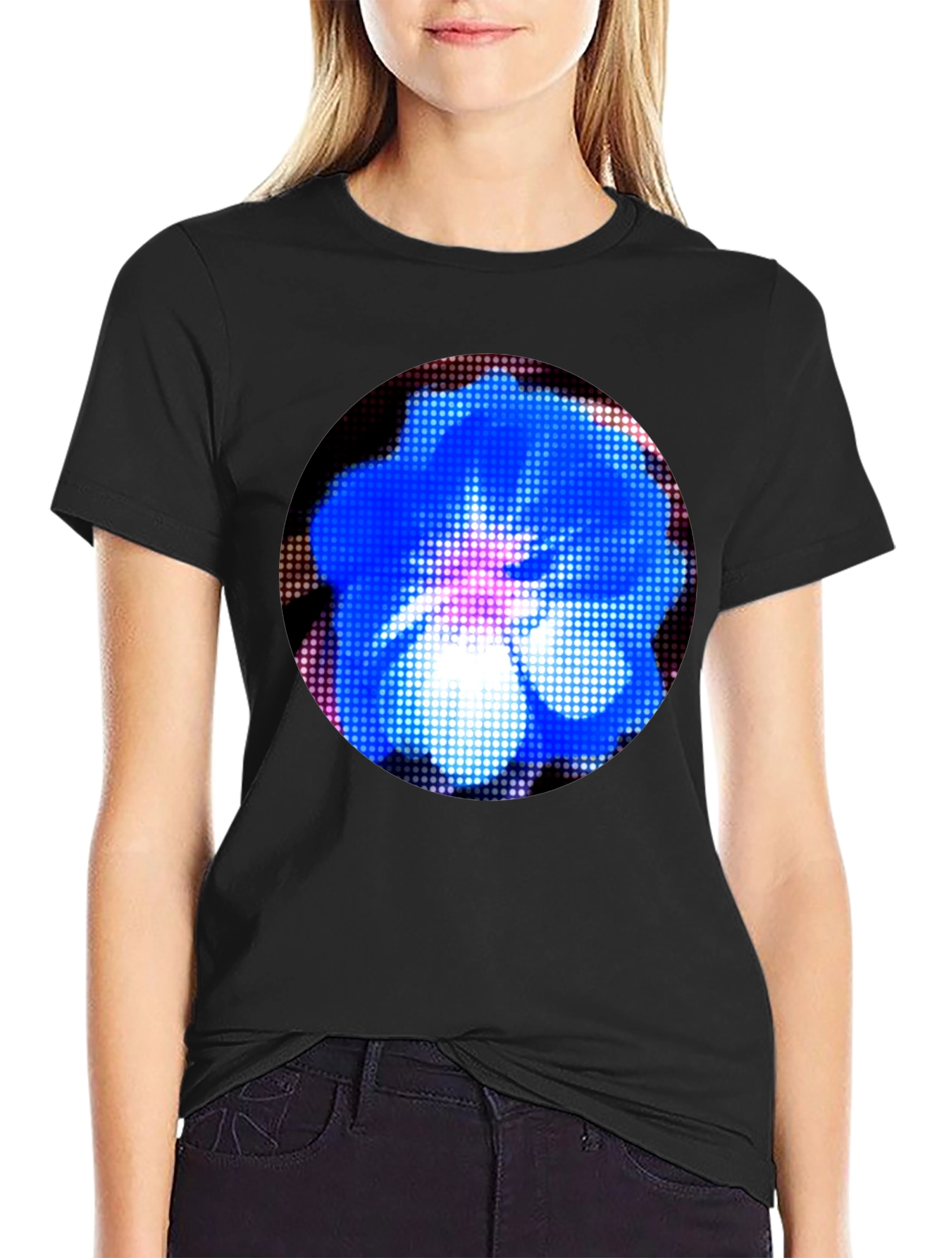 Black Blue Flower Graphic Black T-Shirt view 2