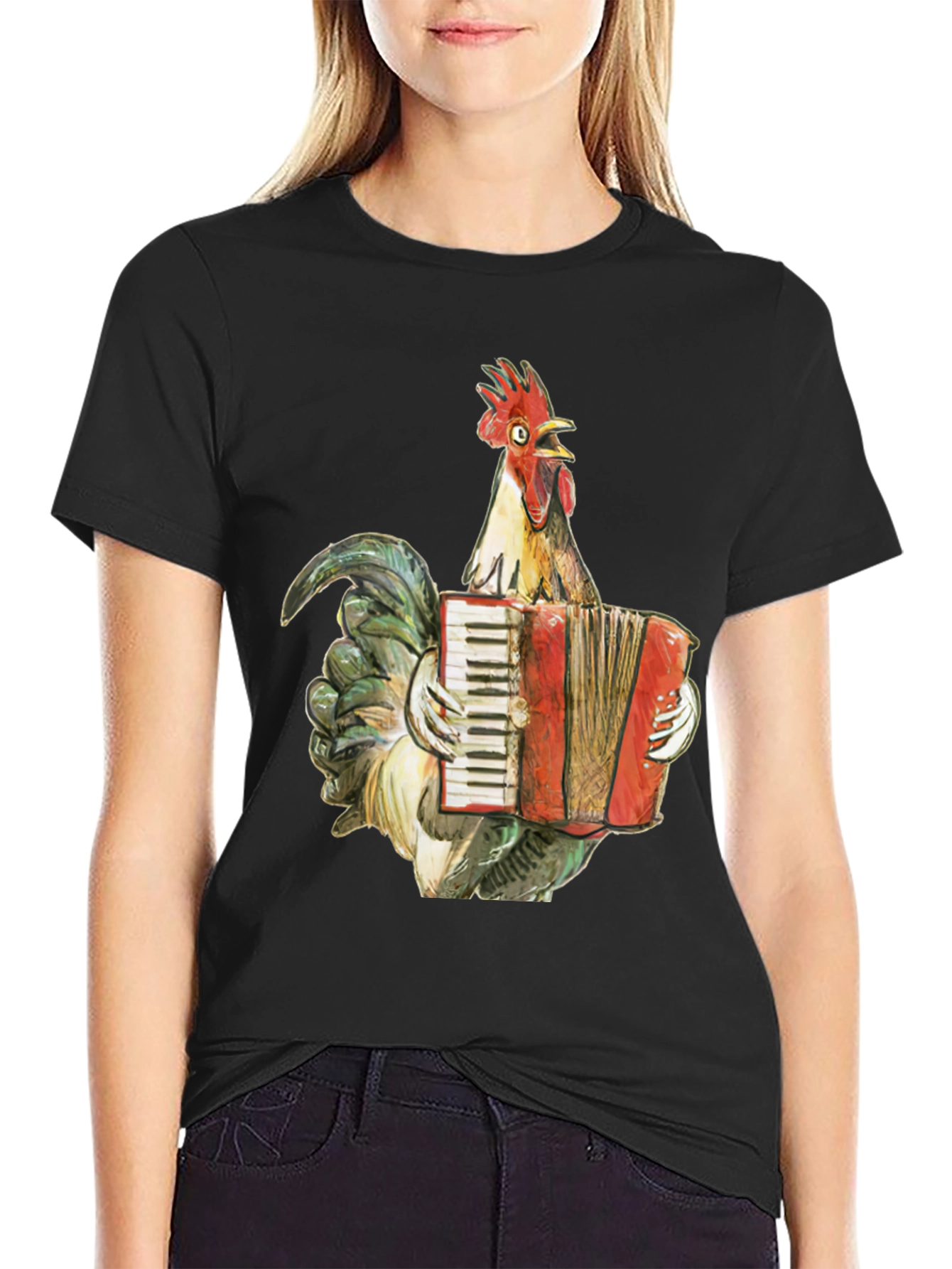Black Funny Rooster Accordion T-Shirt - Novelty Tee view 2