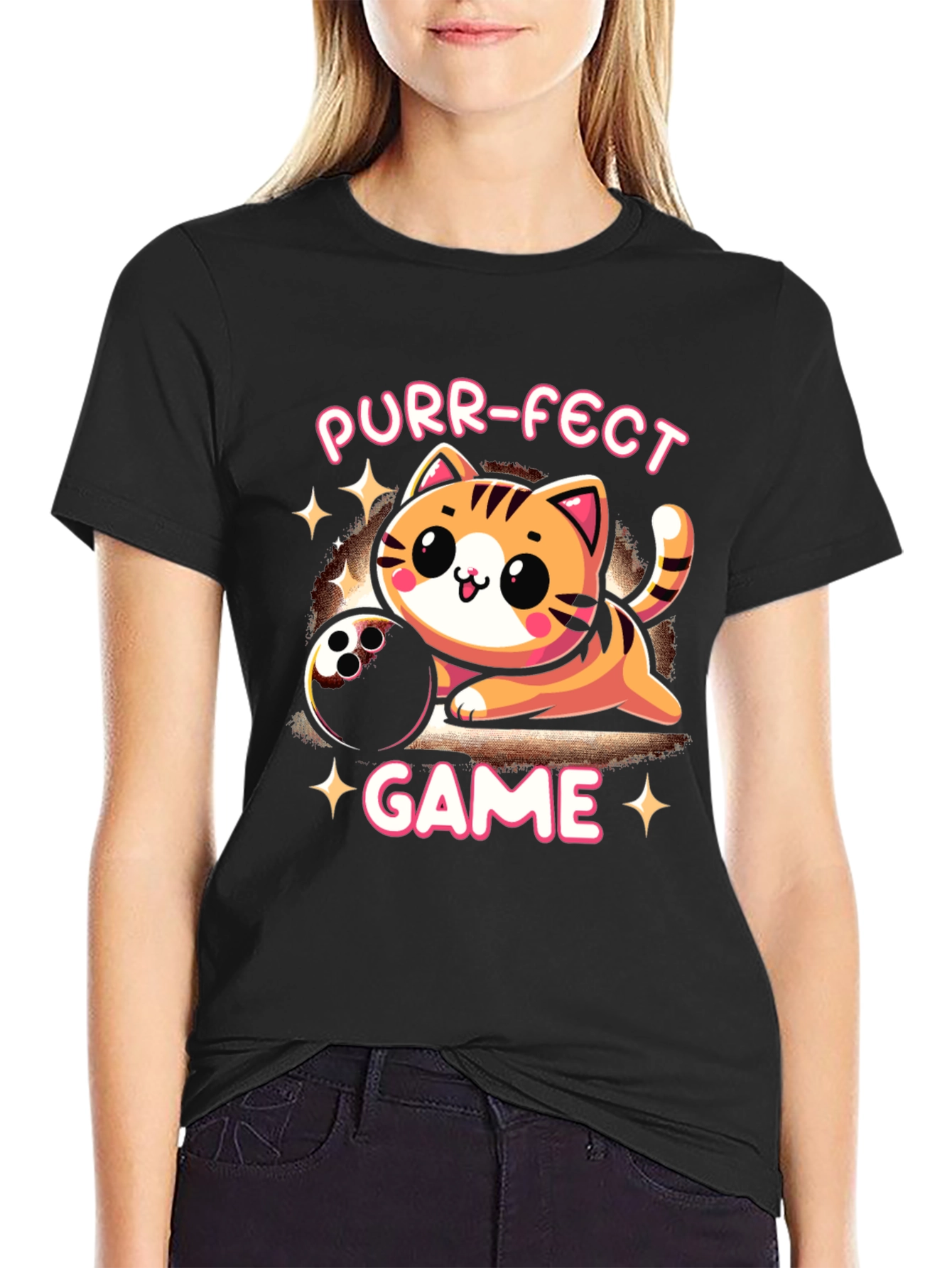 Black Purr-fect Game T-Shirt: Bowling Cat Tee view 2