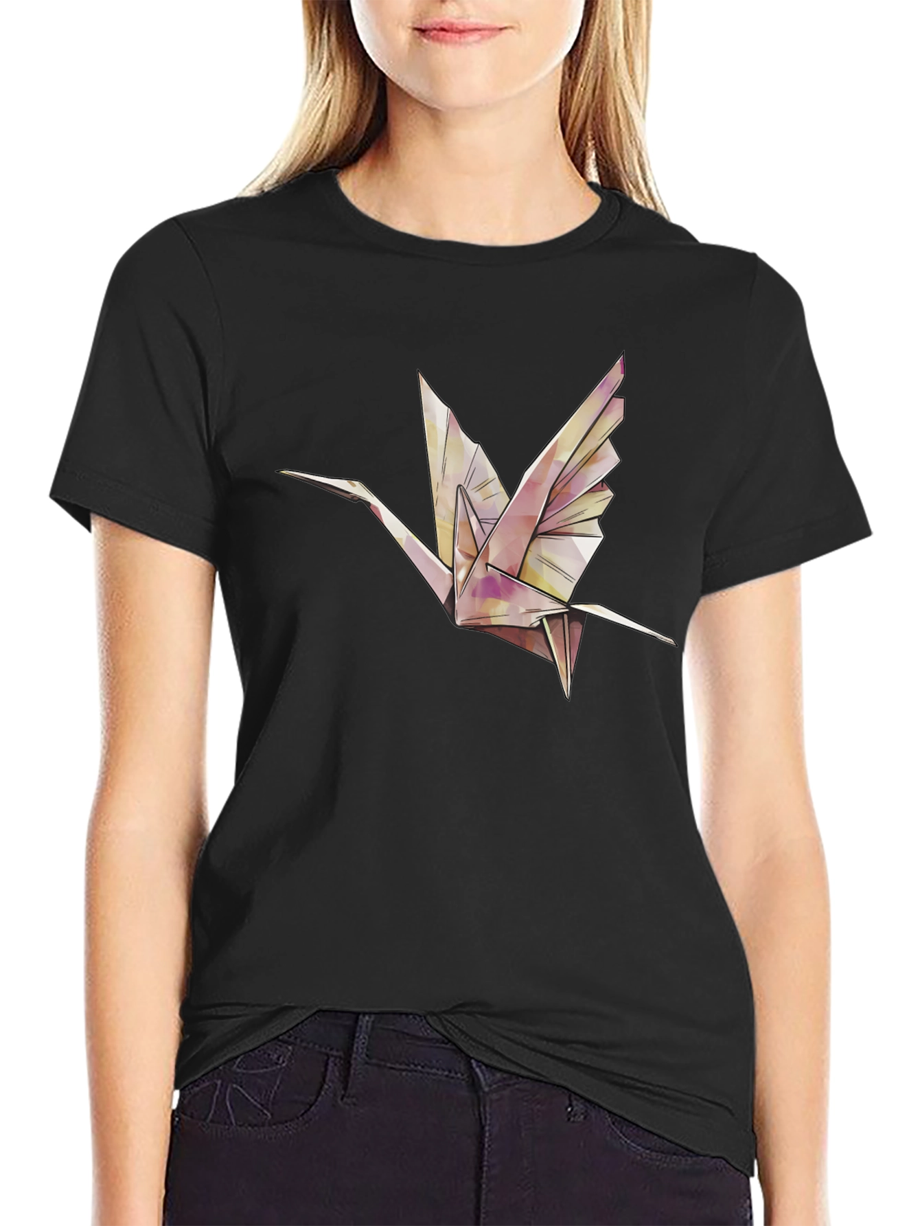 Black Origami Crane Graphic Tee - Stylish Black T-Shirt view 2
