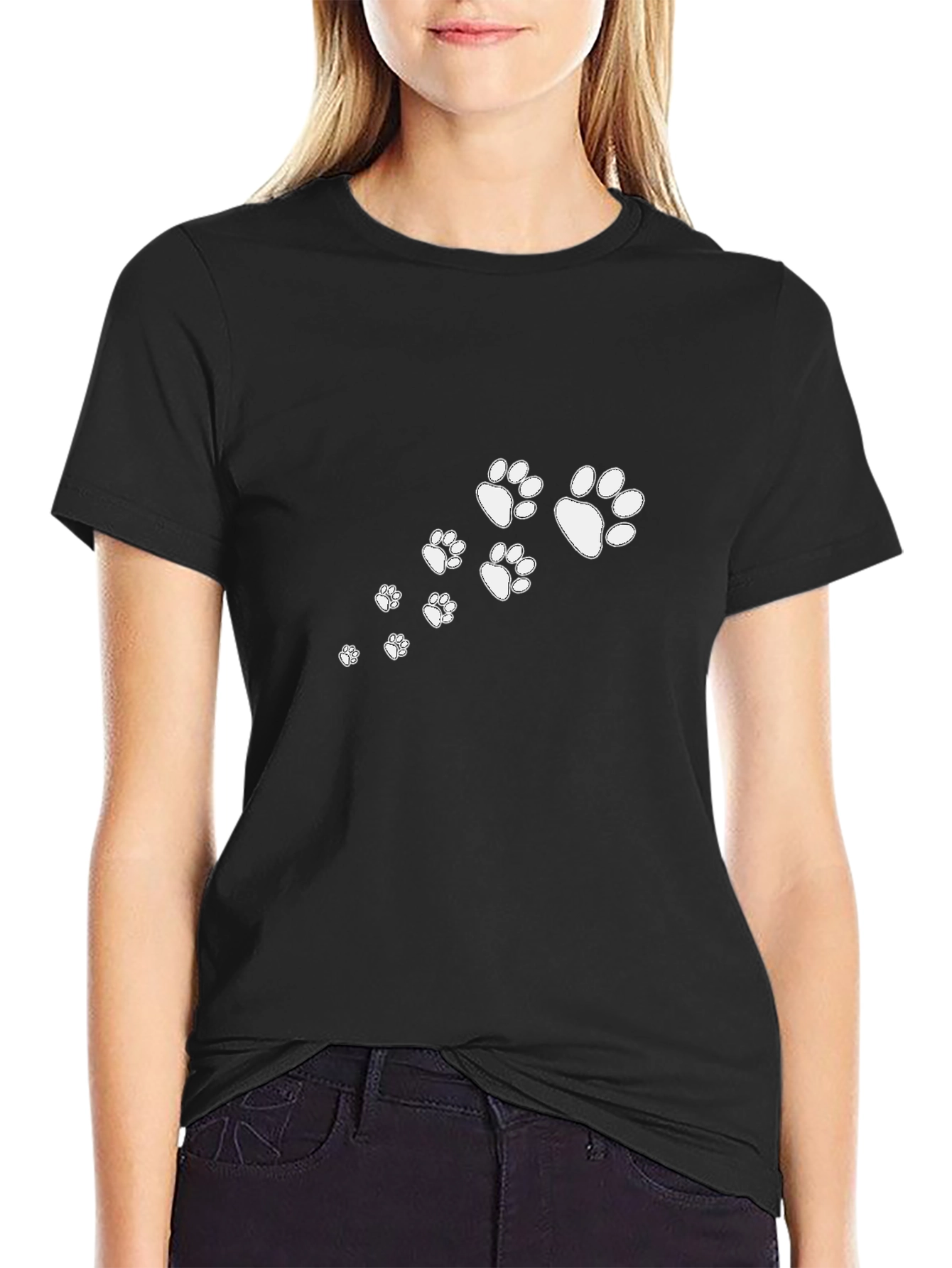 Black Black T-Shirt with White Paw Prints view 2