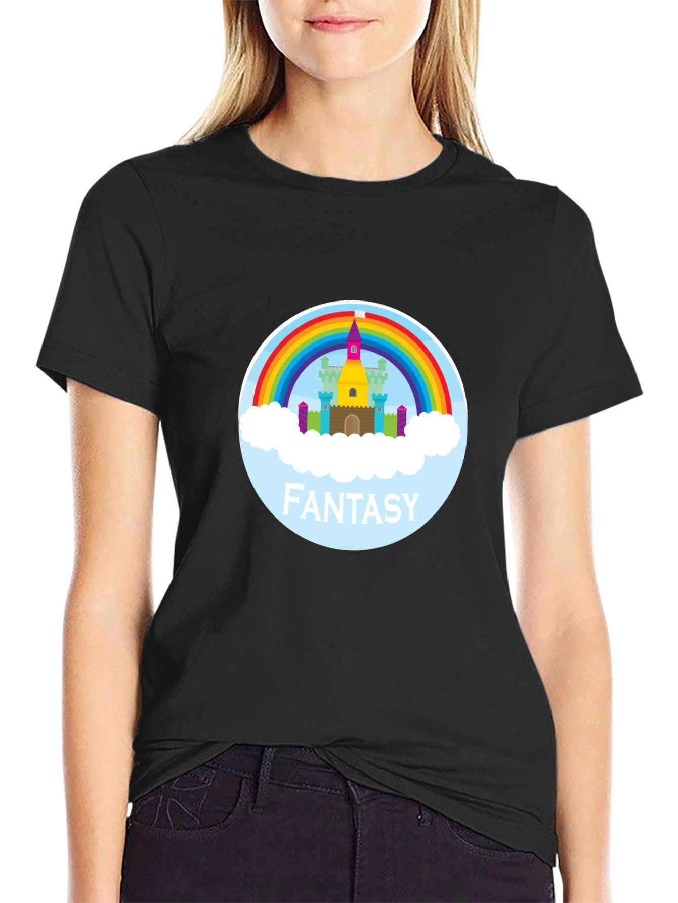 Black Fantasy Castle Rainbow Graphic Tee - Unisex view 2