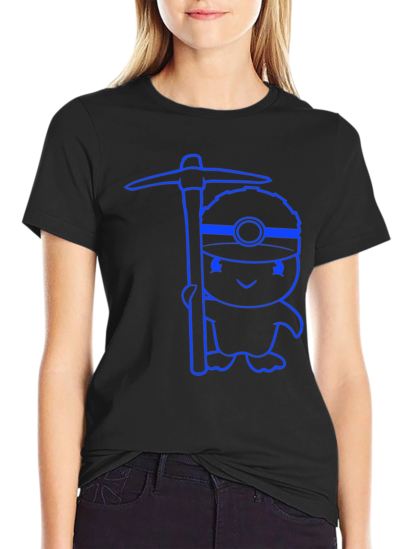 Black Cartoon Miner Graphic T-Shirt - Black view 2