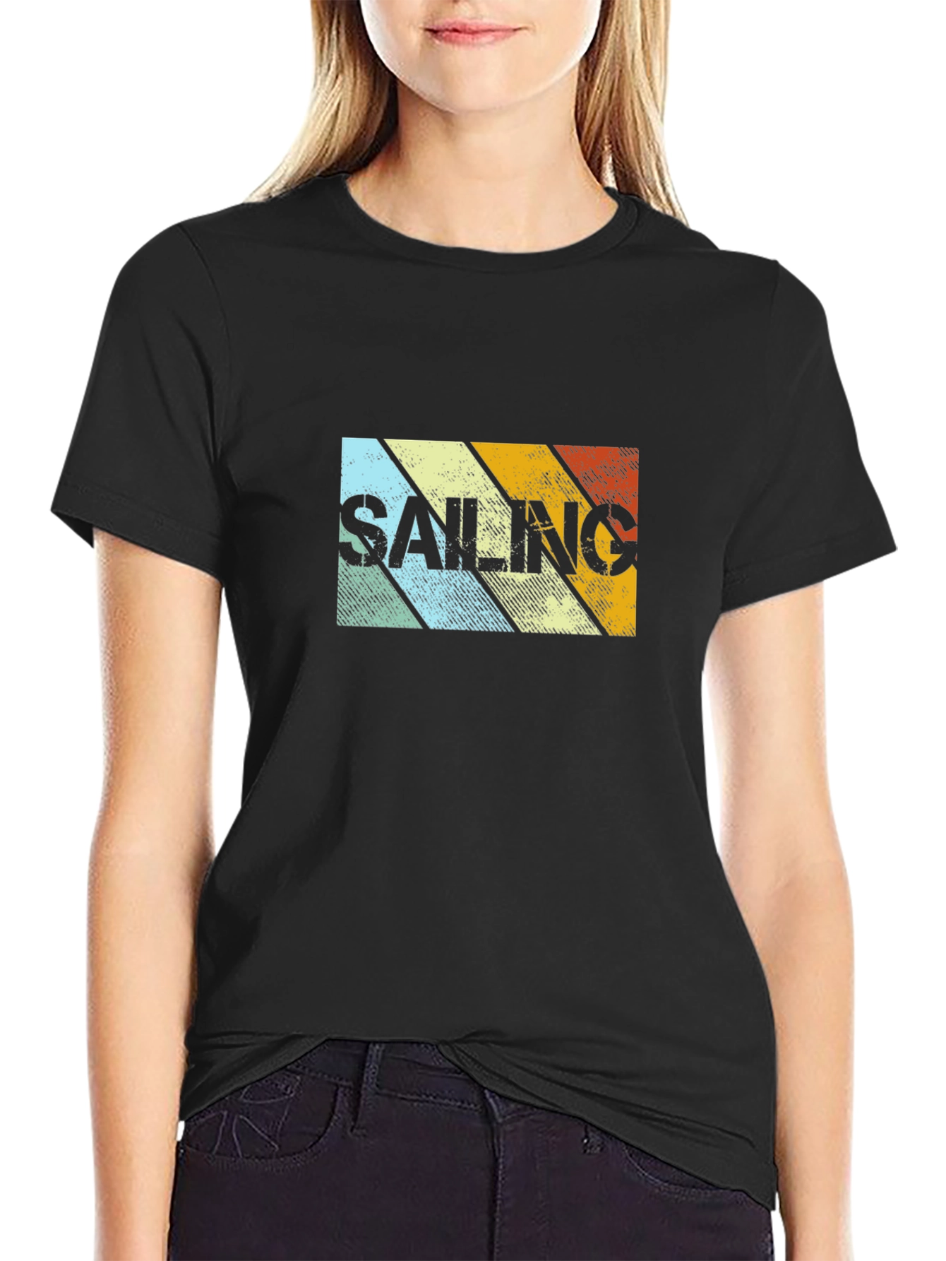 Black Retro Sailing Striped Graphic Tee view 2
