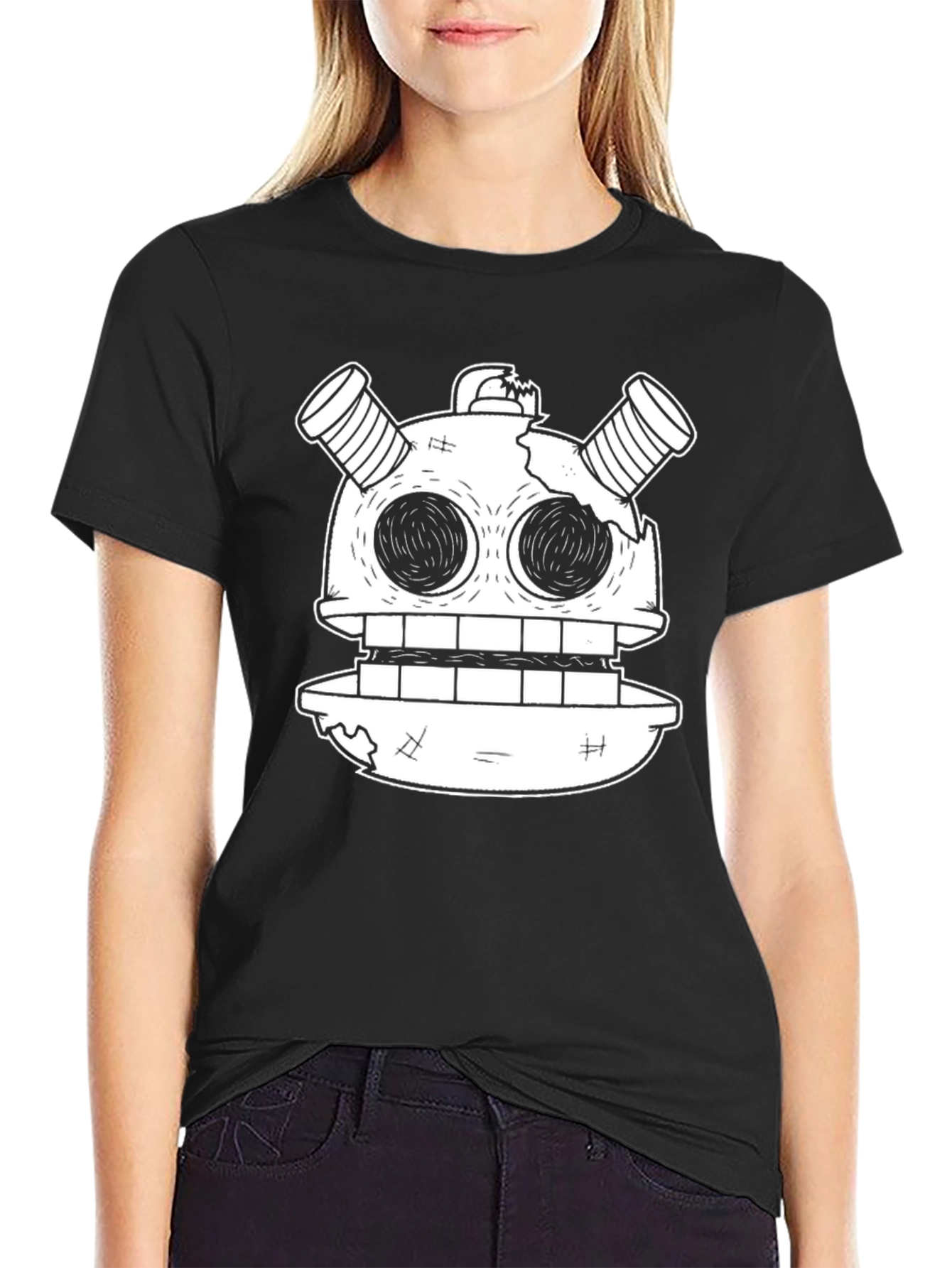 Black Robot Head Graphic Tee - Unique Cartoon Design view 2