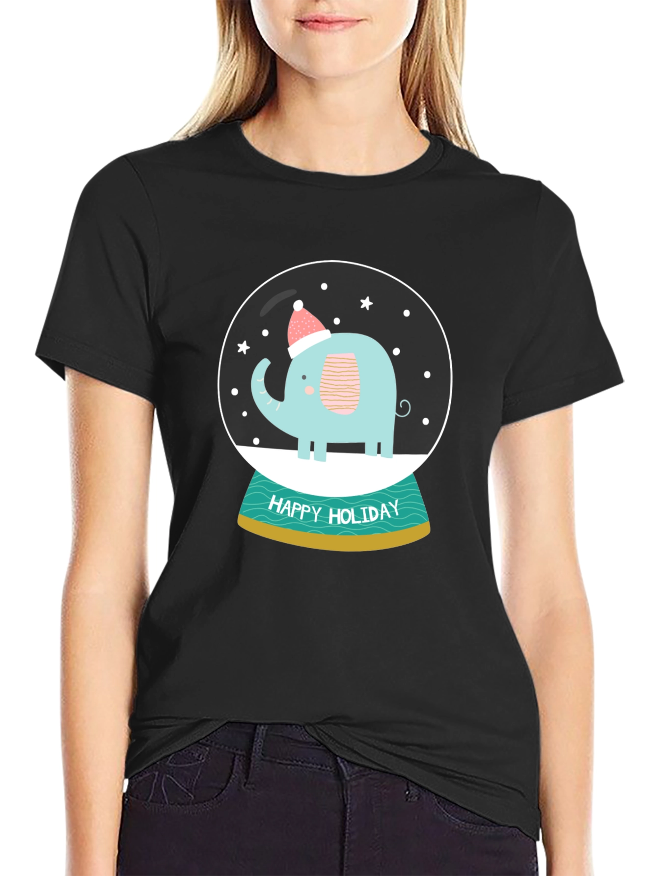 Black Holiday Elephant Snow Globe Graphic Tee view 2