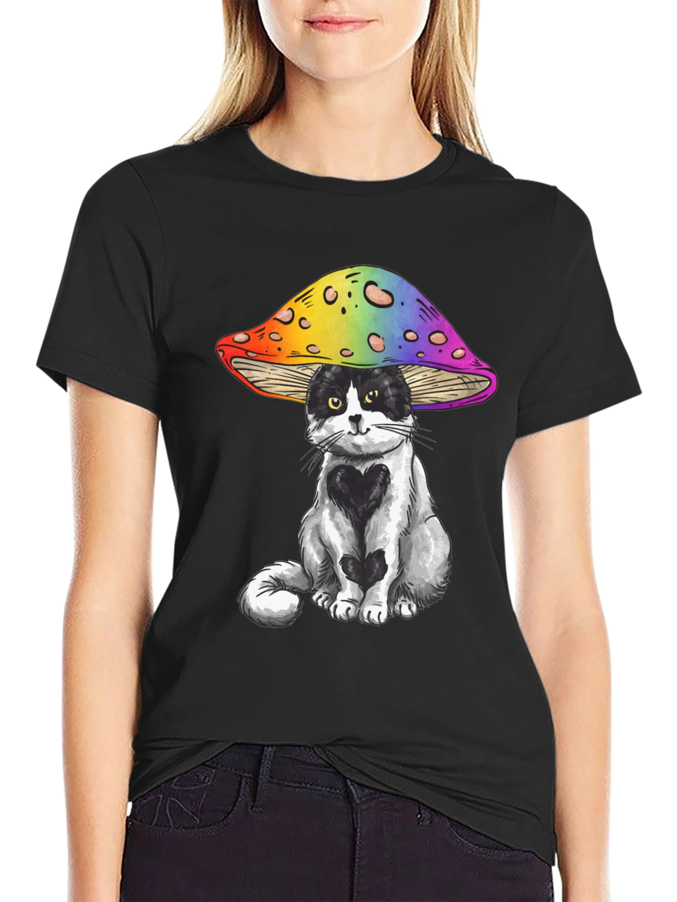 Black Cat Under Mushroom Graphic T-Shirt view 2