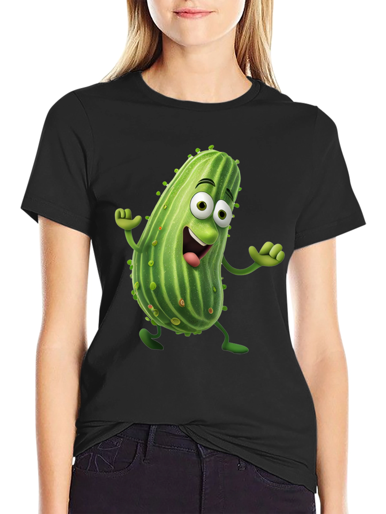 Black Funny Pickle Cartoon Black T-Shirt view 2