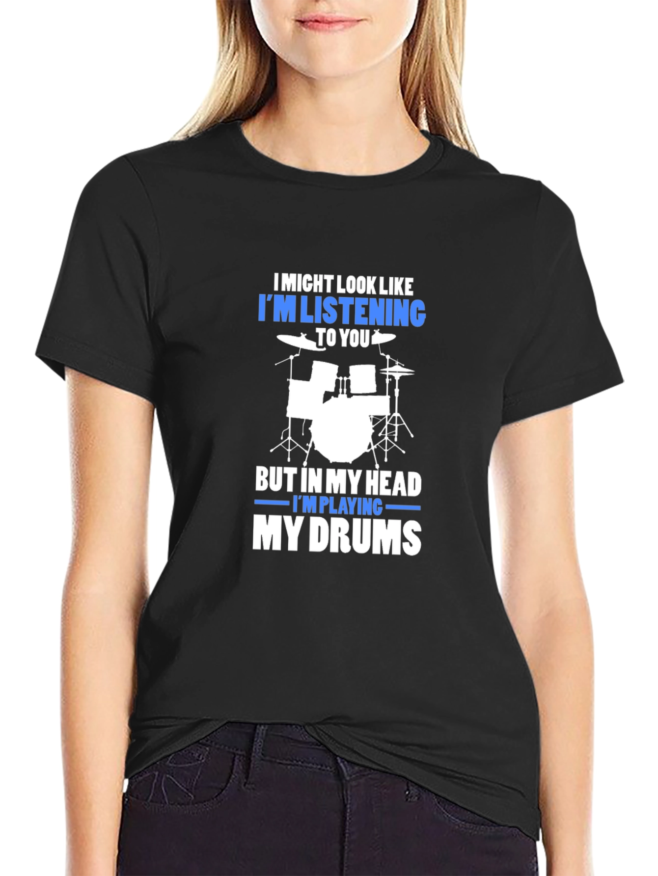 Black Drummer T-Shirt: "I'm Playing My Drums" view 2