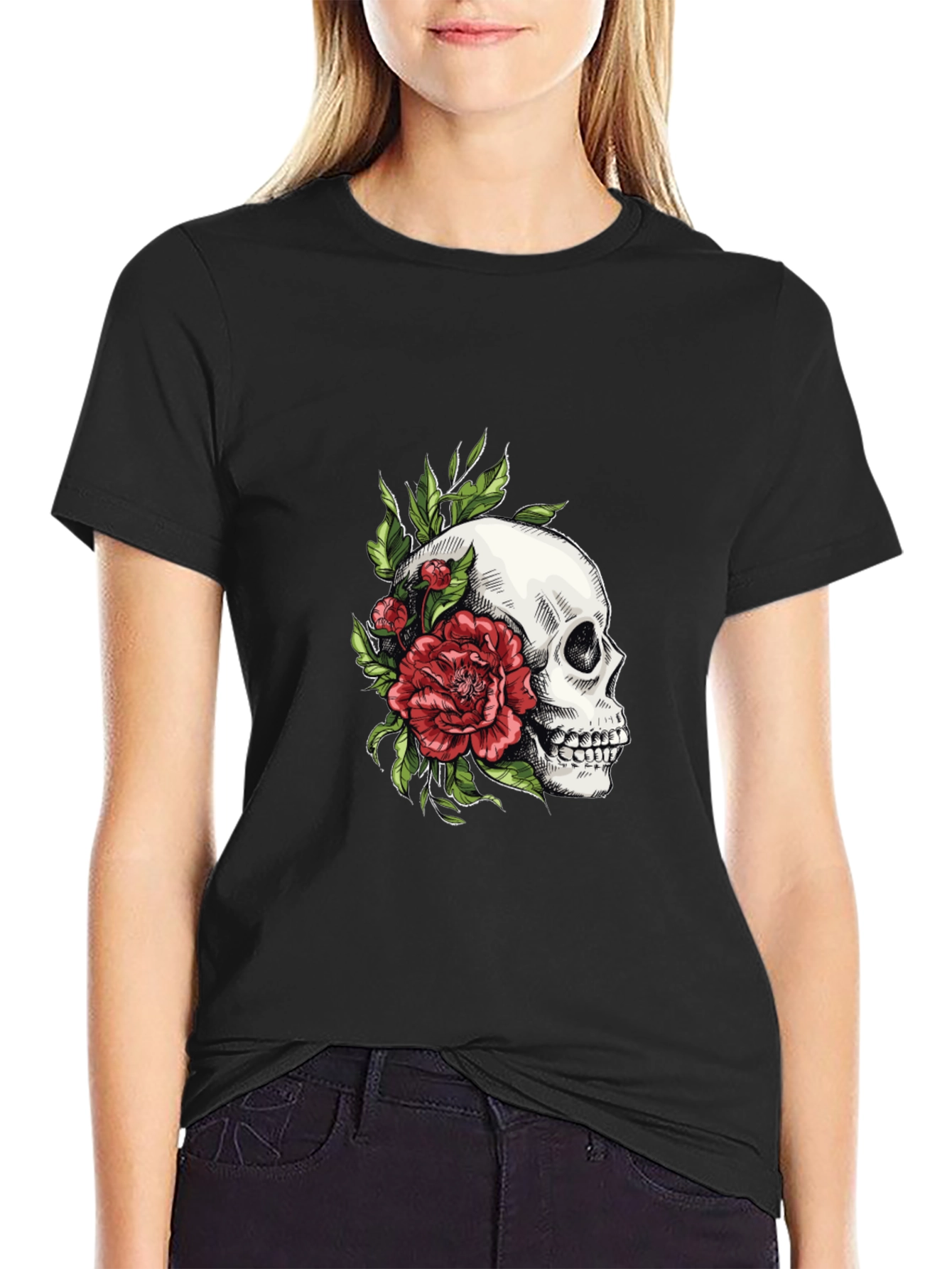 Black Skull & Rose Graphic T-Shirt - Edgy Style view 2