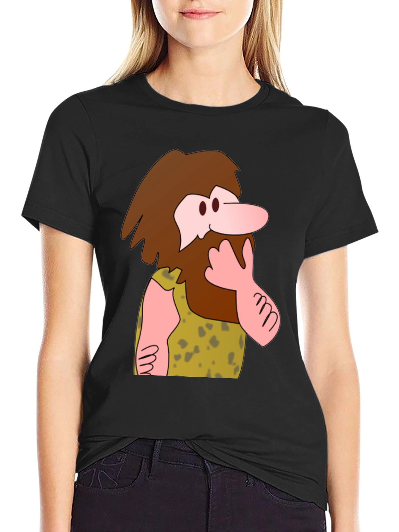 Black Funny Cartoon Caveman Graphic T-Shirt view 2
