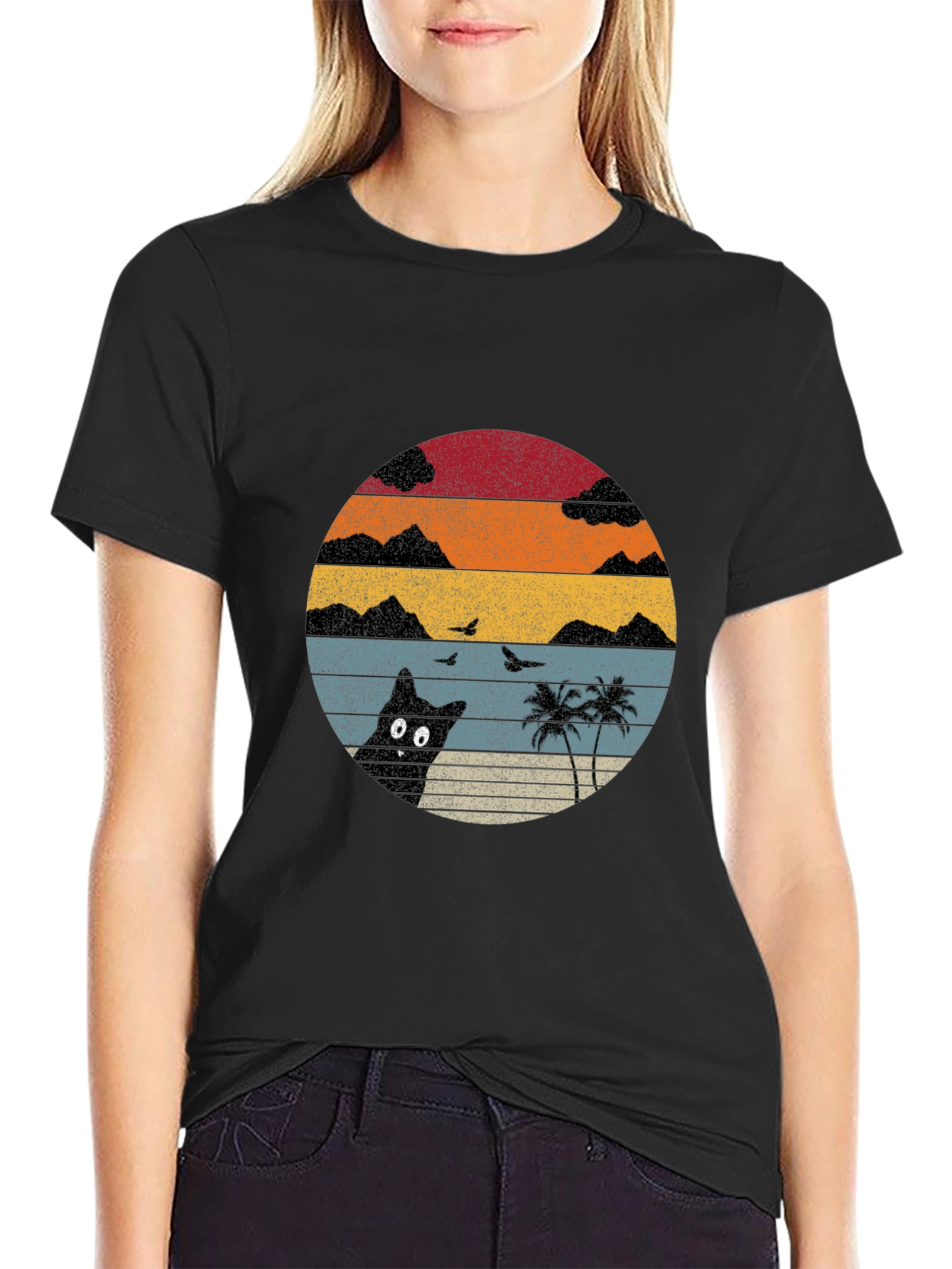 Black Retro Sunset Cat T-Shirt - Black view 2