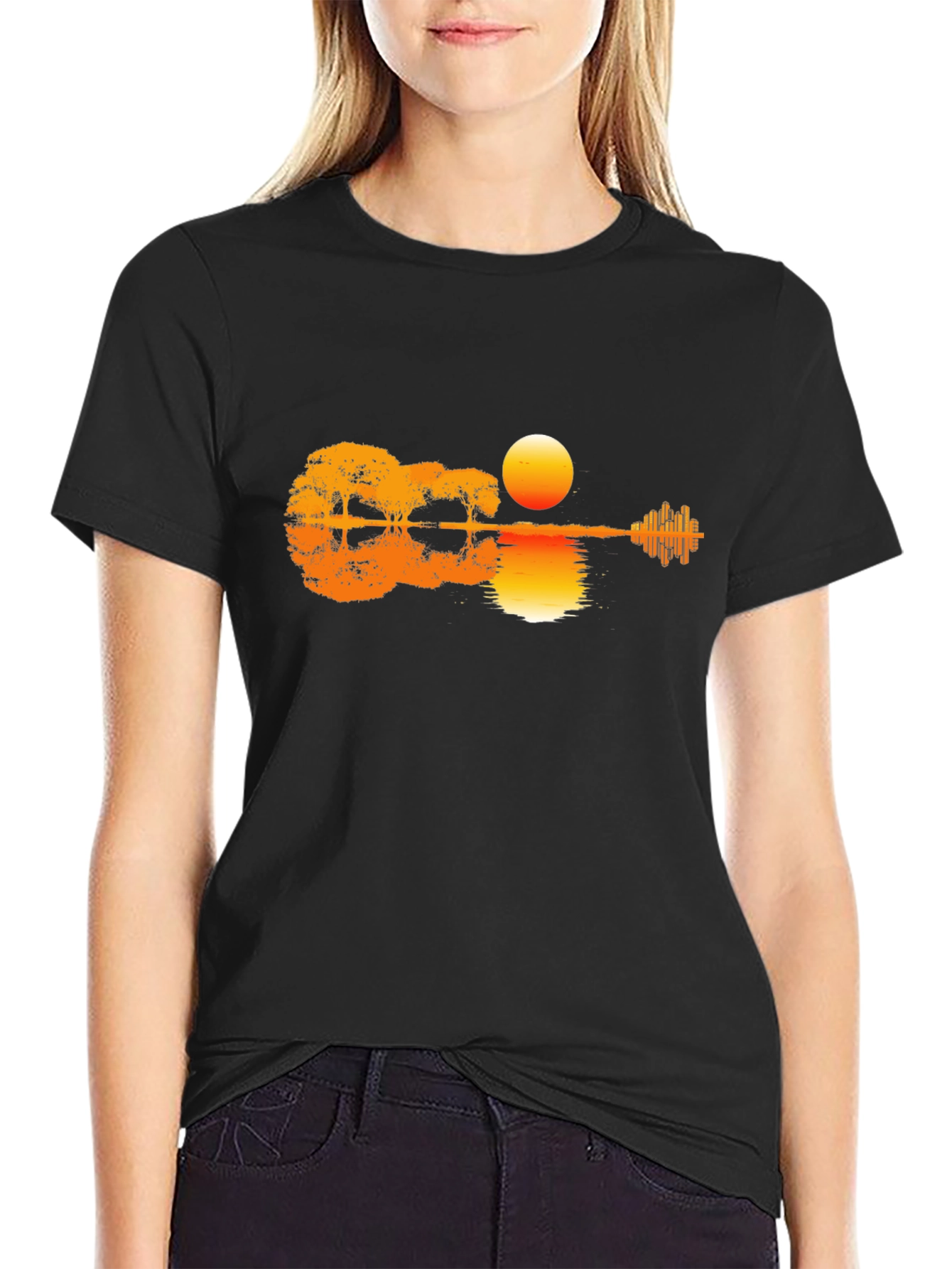 Black Sunset Guitar T-Shirt - Music & Nature Design view 2