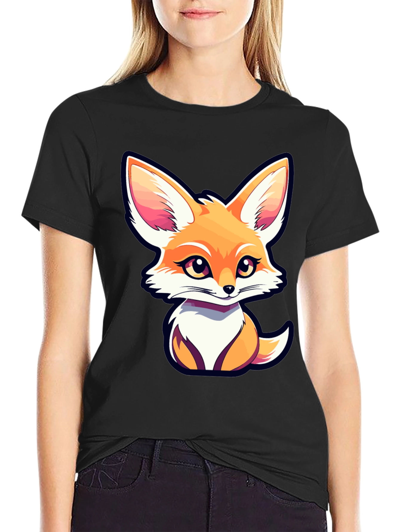 Black Cute Fox Graphic Tee - Unisex Black T-Shirt view 2
