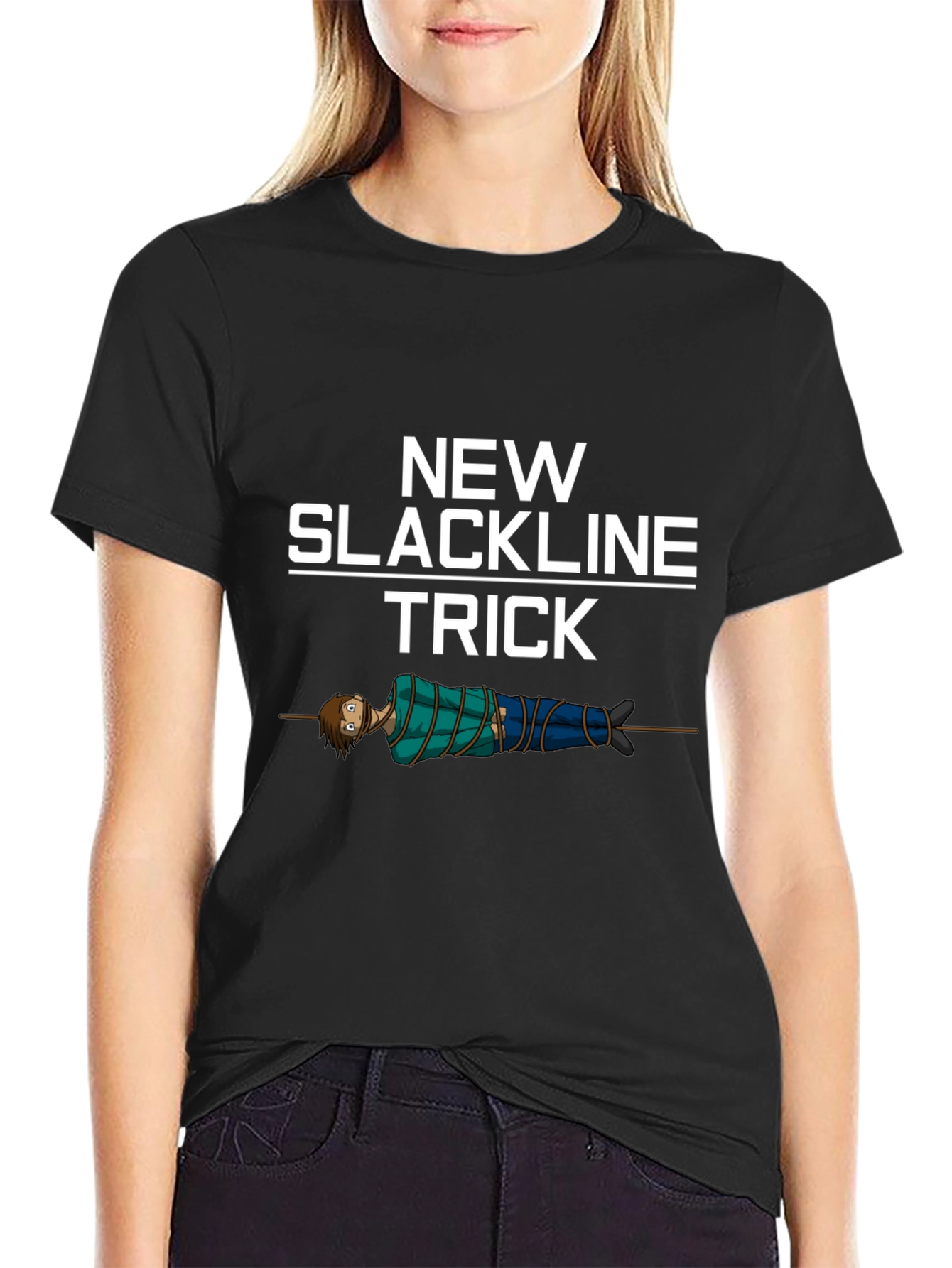 Black New Slackline Trick T-Shirt - Funny Slacklining Tee view 2