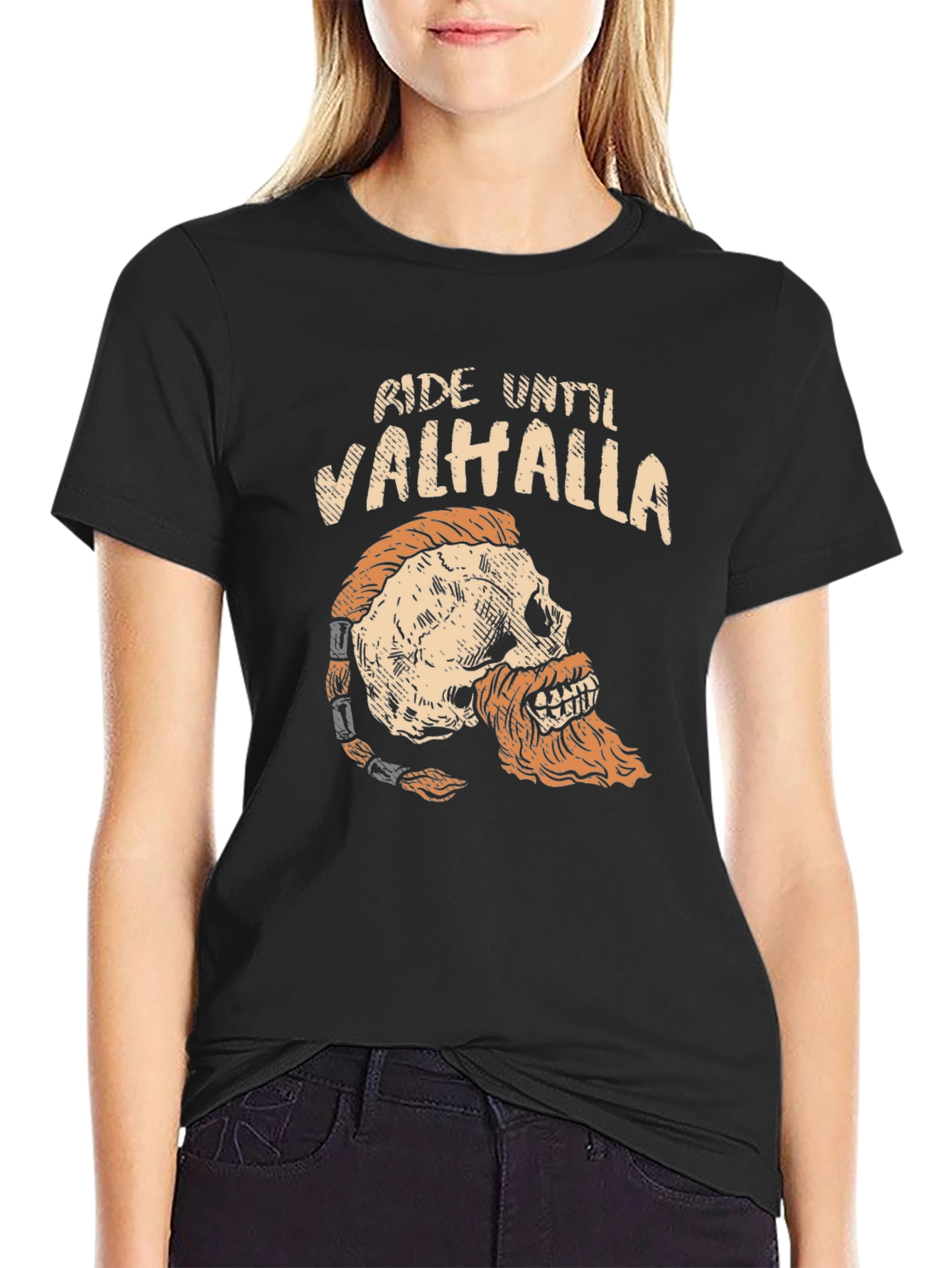 Black Ride Until Valhalla Skull Viking Graphic T-Shirt view 2