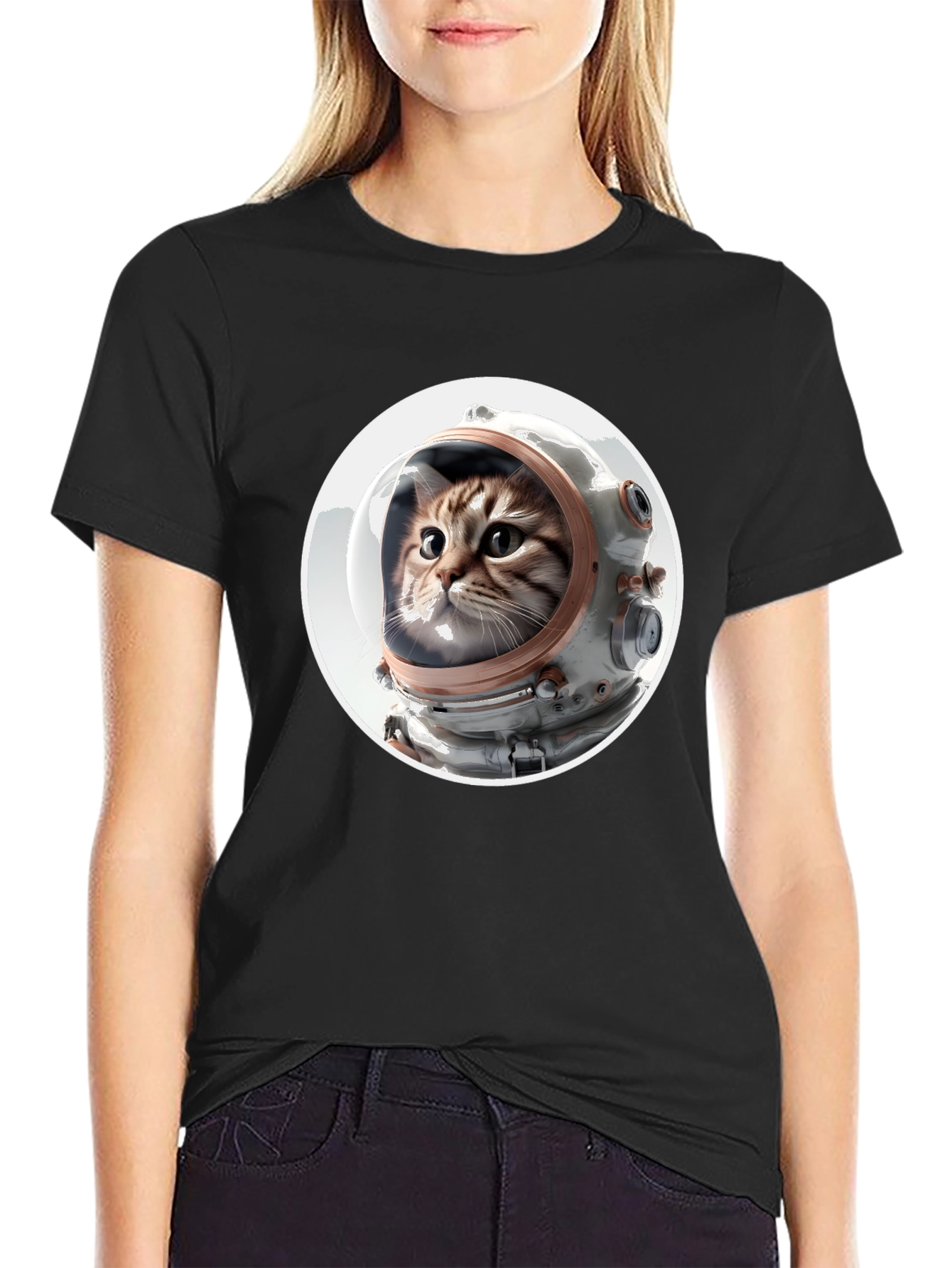 Black Astronaut Cat Graphic Tee - Unisex Black T-Shirt view 2