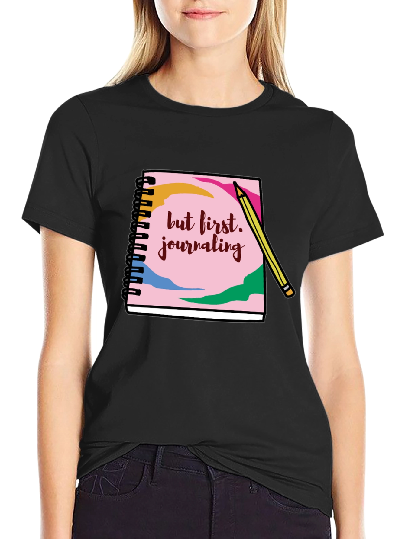 Black Journaling T-Shirt: But First, Journaling! view 2