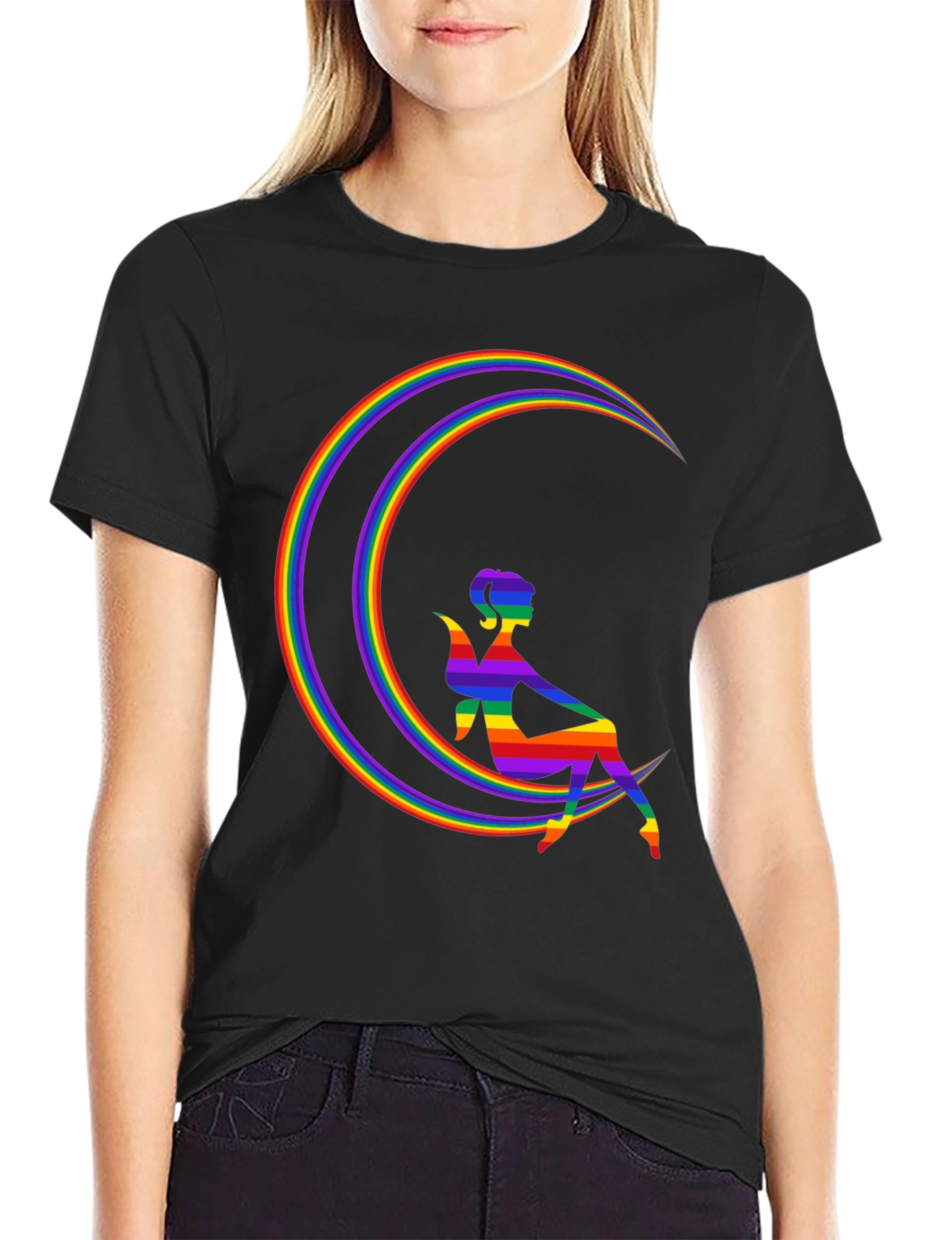 Black Rainbow Moon Fairy Graphic Tee - Black Cotton Blend Shirt view 2