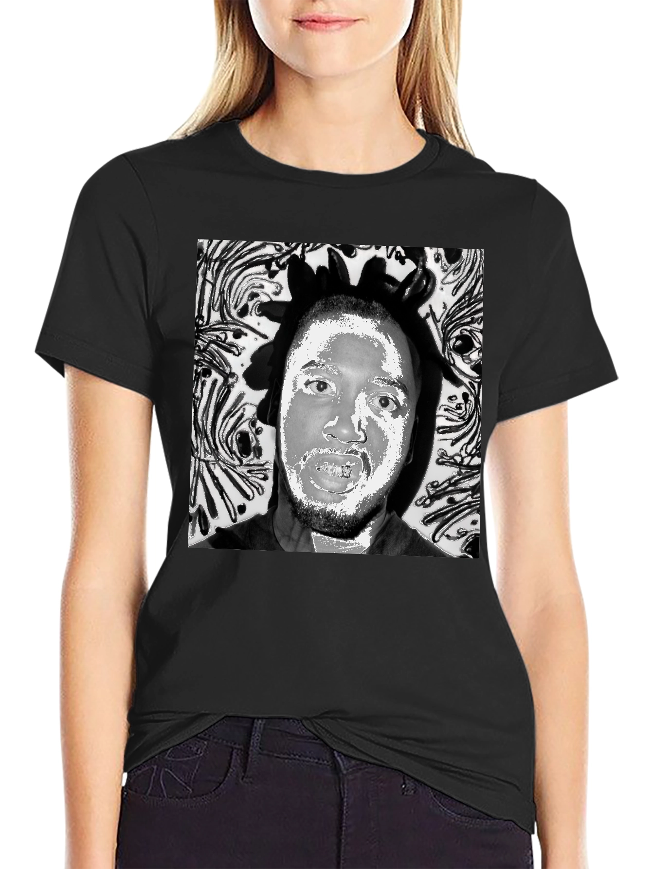 Black Black T-Shirt with Artistic Face Graphic view 2