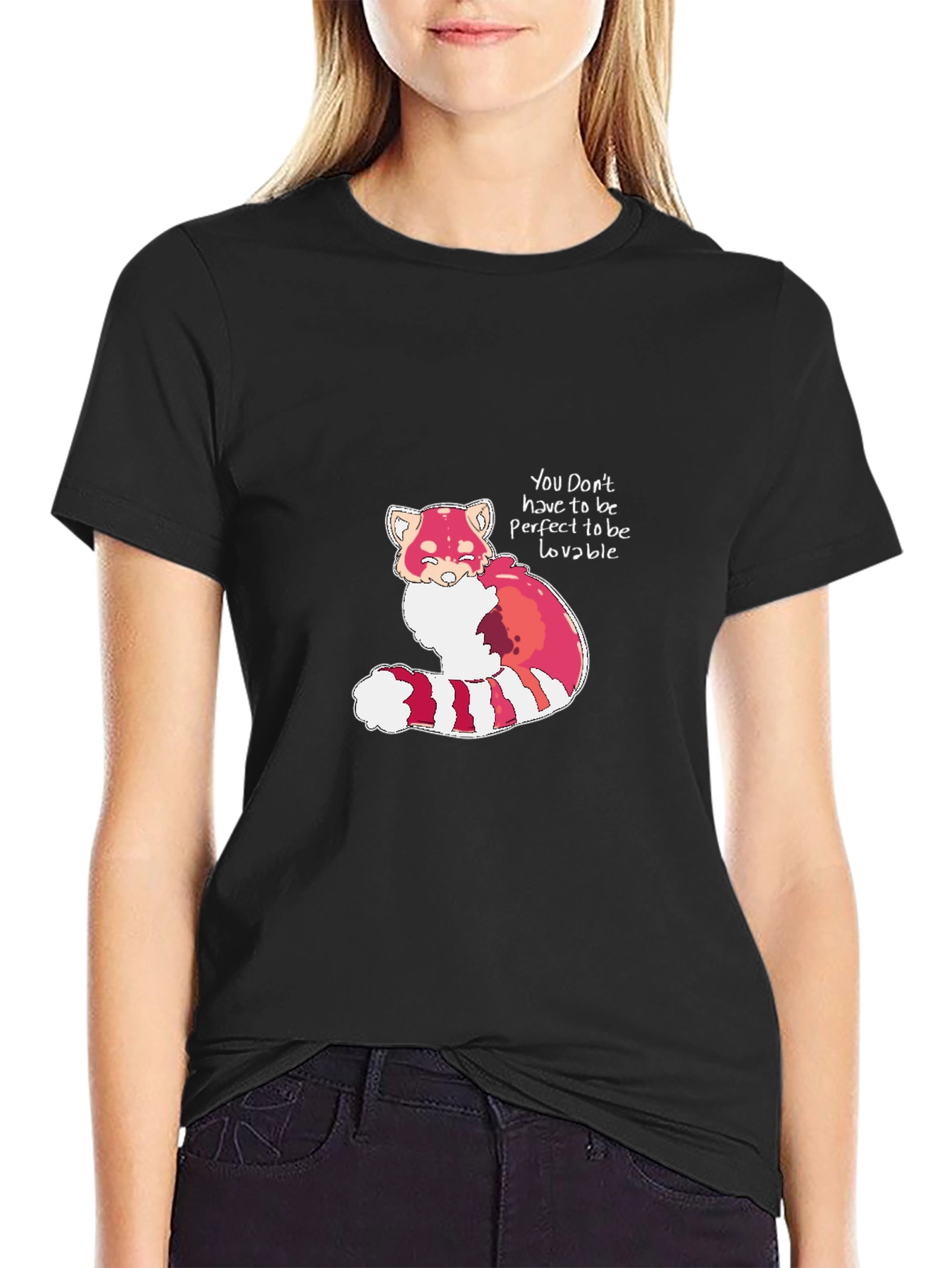 Black Red Panda 'Lovable' Black T-Shirt view 2