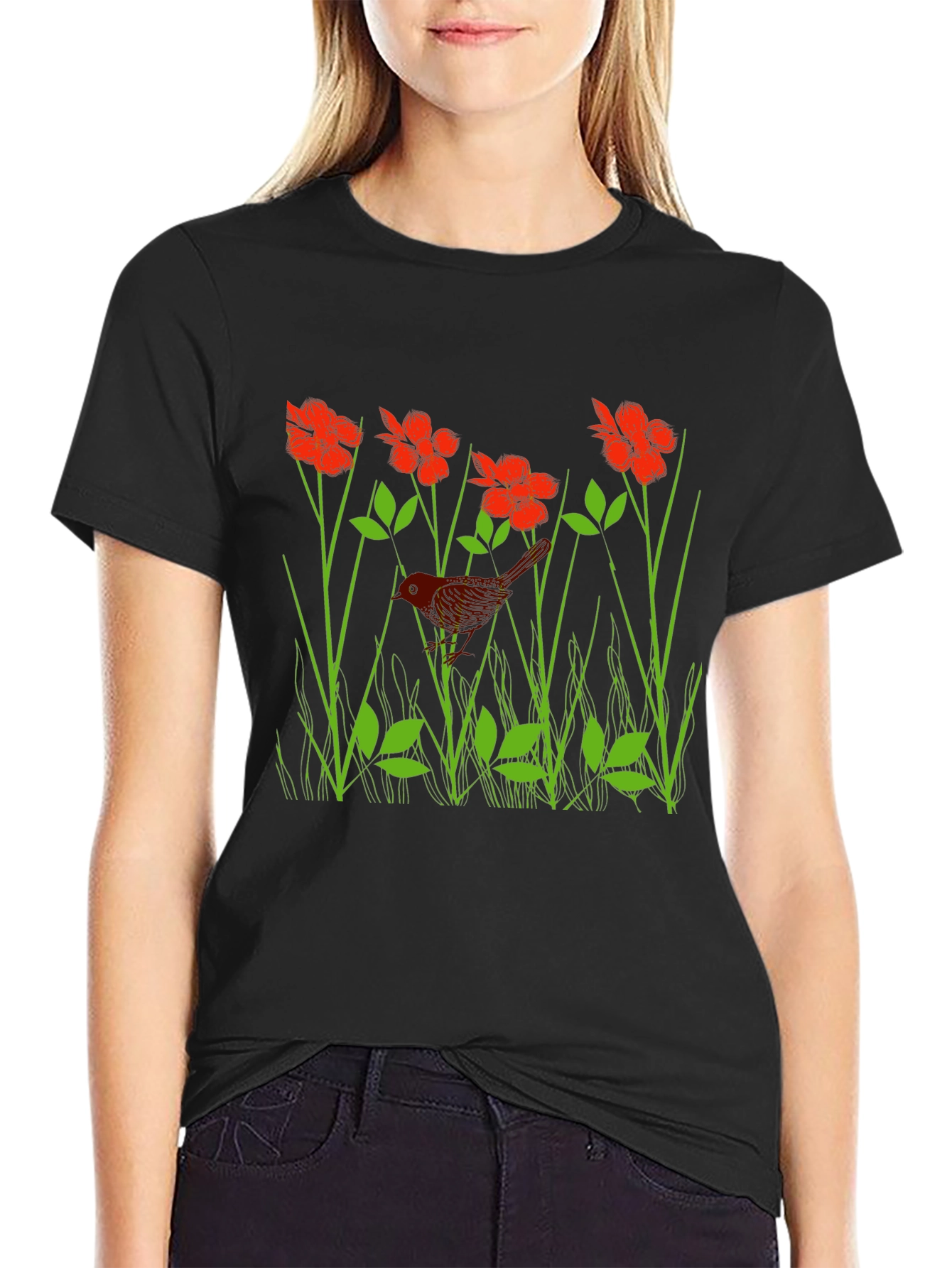 Black Bird in Flower Meadow Graphic Black T-Shirt view 2