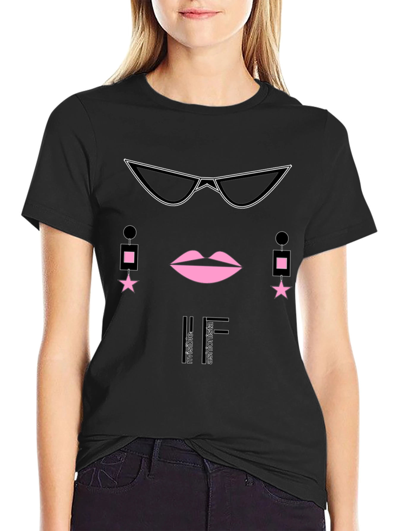 Black Stylish Graphic Tee - "Invisible Fashionista" view 2
