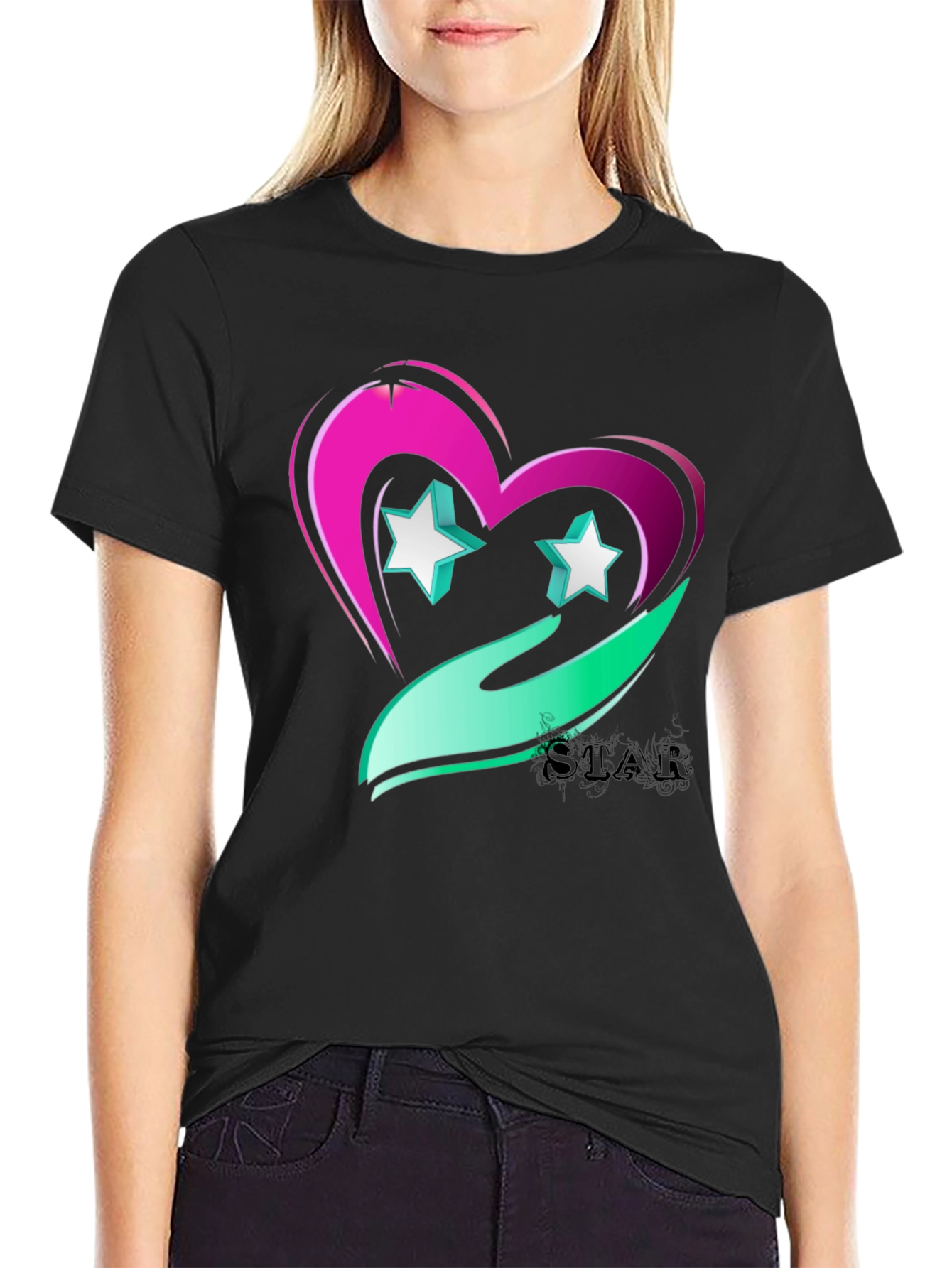 Black Star Heart Graphic Tee - Trendy Casual Wear view 2