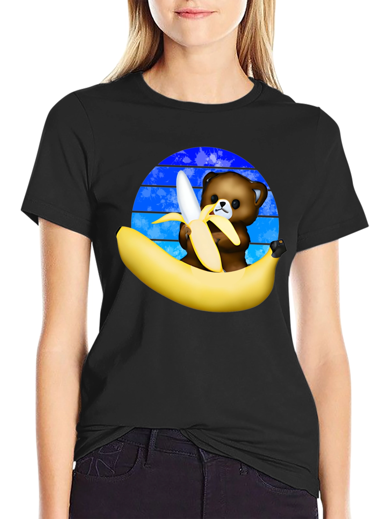 Black Funny Bear Eating Banana Graphic T-Shirt view 2