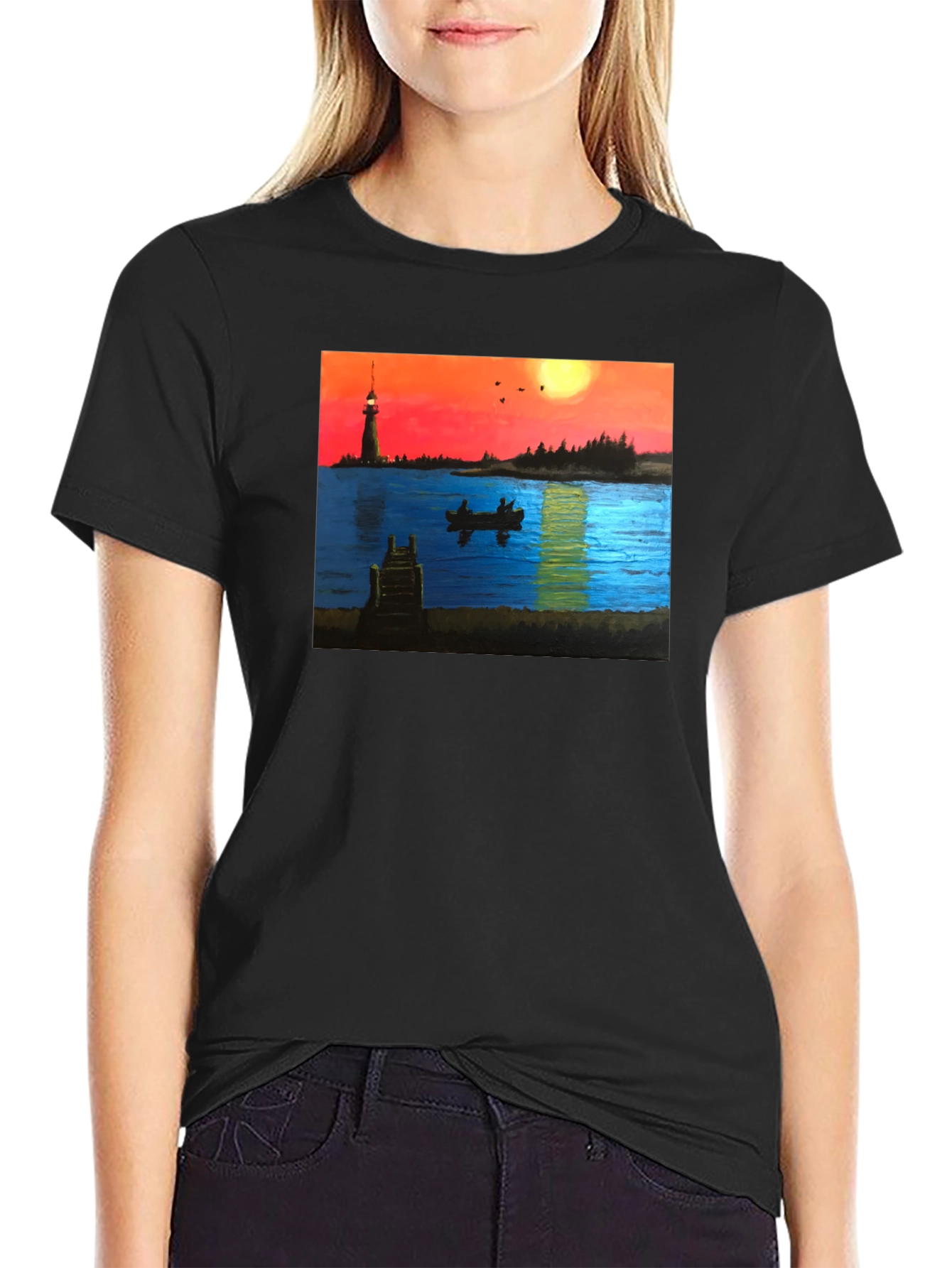 Black Lighthouse Lake Sunset T-Shirt view 2
