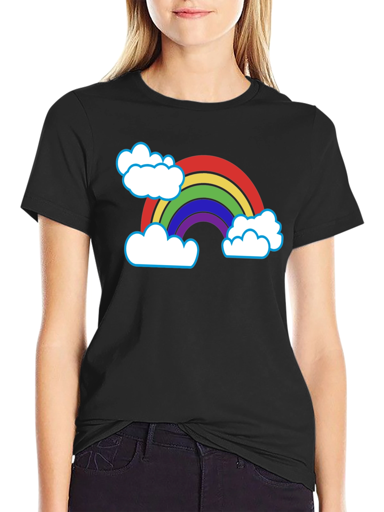 Black Rainbow & Clouds Graphic T-Shirt - Black Cotton Blend view 2